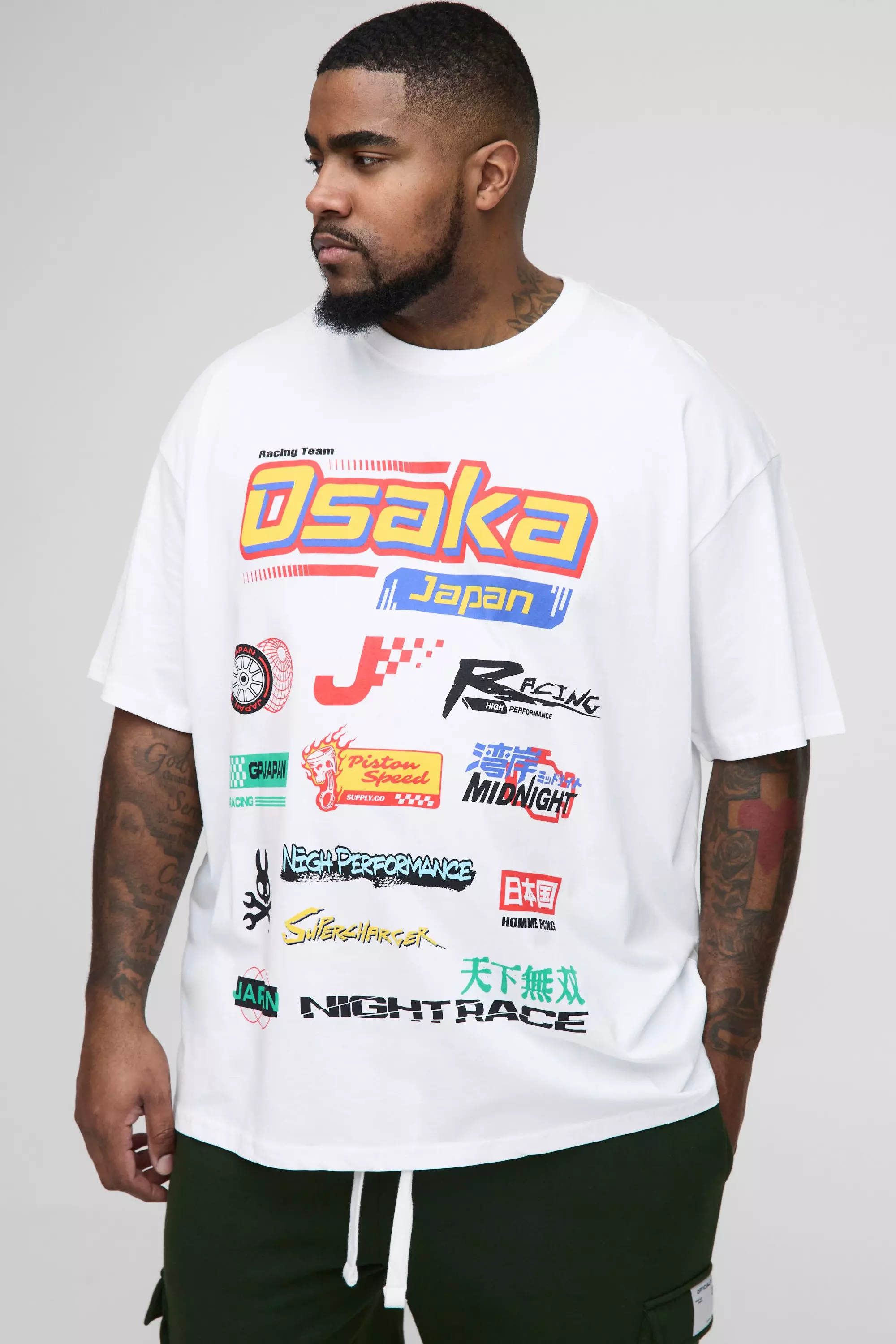 Plus Oversized Japan Moto Badge Print T-Shirt | boohooMAN USA