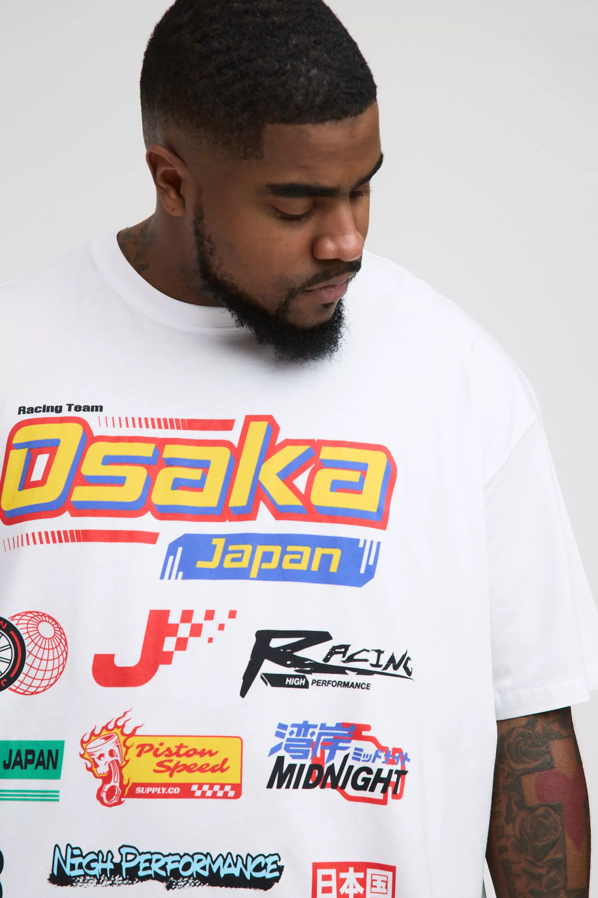 Plus Oversized Japan Moto Badge Print T-Shirt | boohooMAN USA