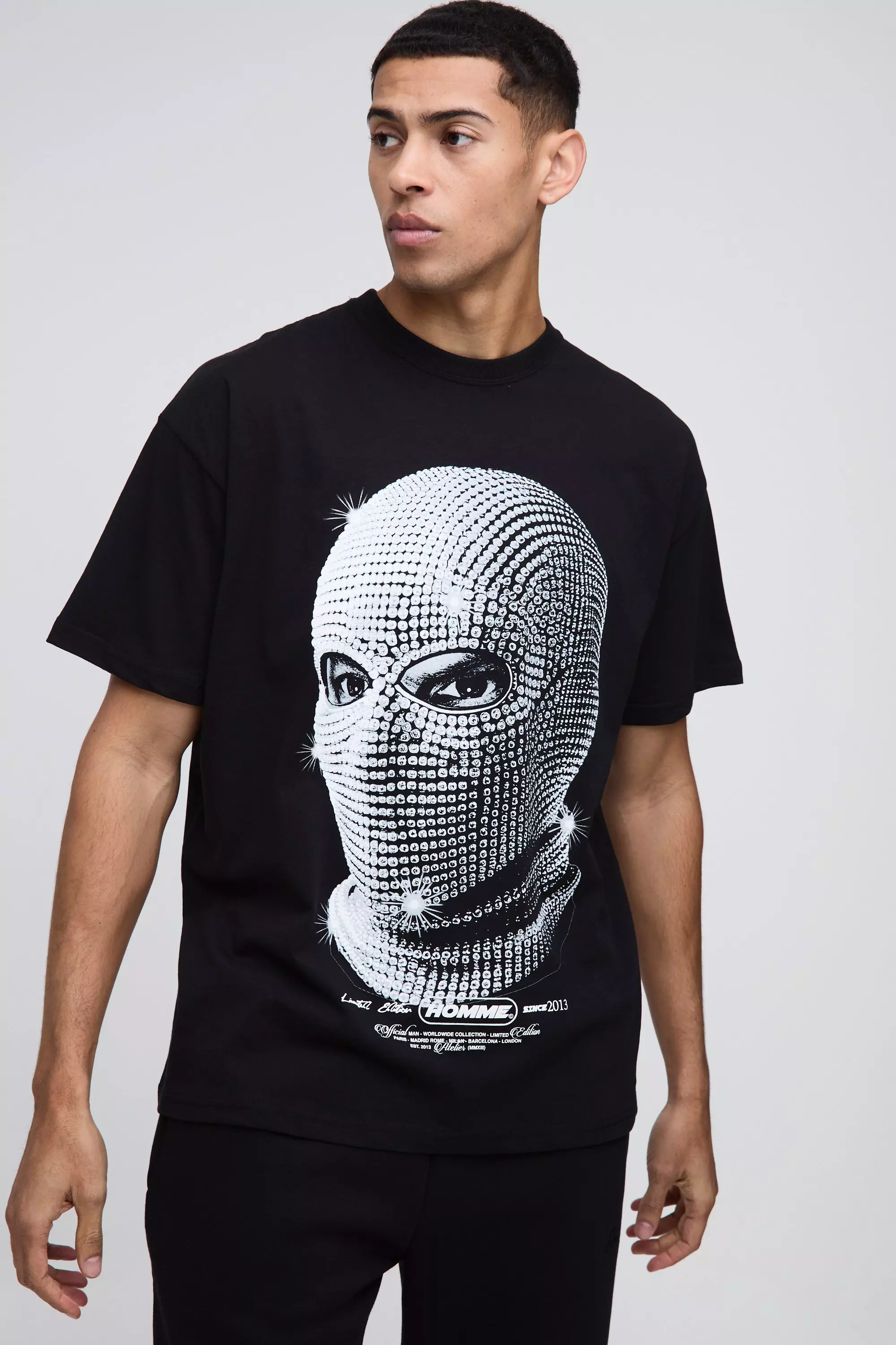 ntm♡♡ Oversized Rhinestone Mask Print T-Shirt | boohooMAN USA