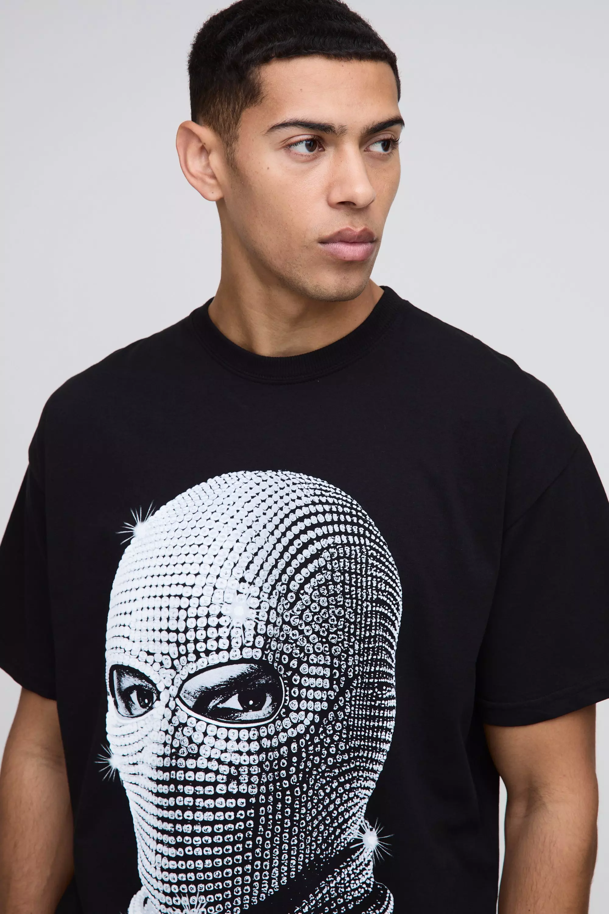 Oversized Rhinestone Mask Print T-Shirt | boohooMAN USA