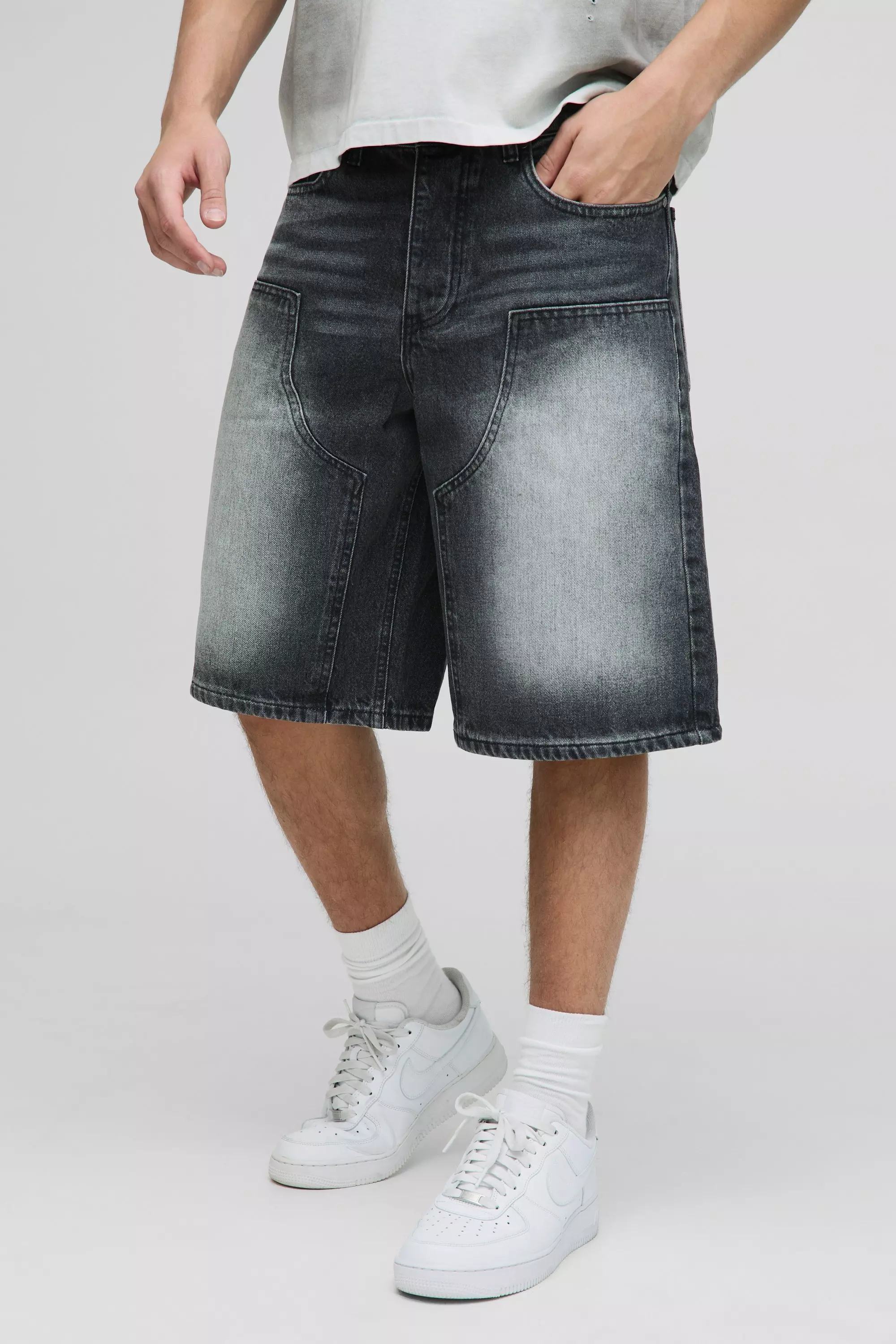 Regular Fit Antique Grey Washed Carpenter Denim Jorts | boohooMAN USA