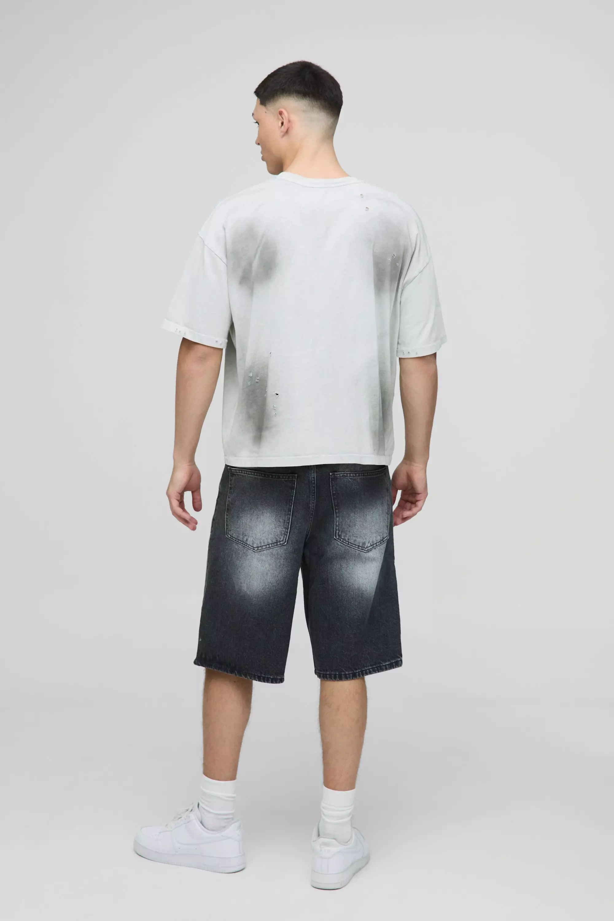 Regular Fit Antique Grey Washed Carpenter Denim Jorts | boohooMAN USA