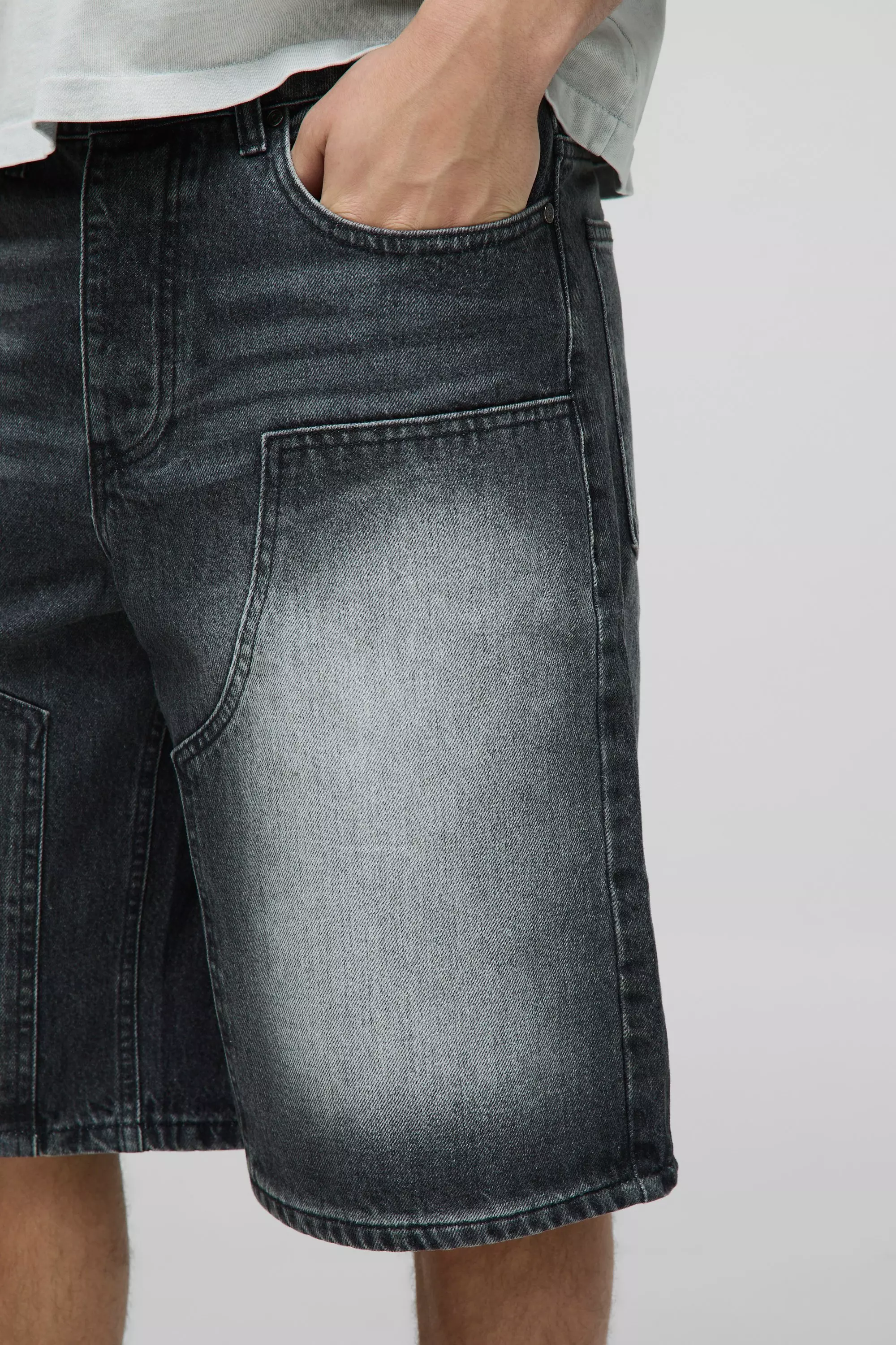 Regular Fit Antique Grey Washed Carpenter Denim Jorts | boohooMAN USA