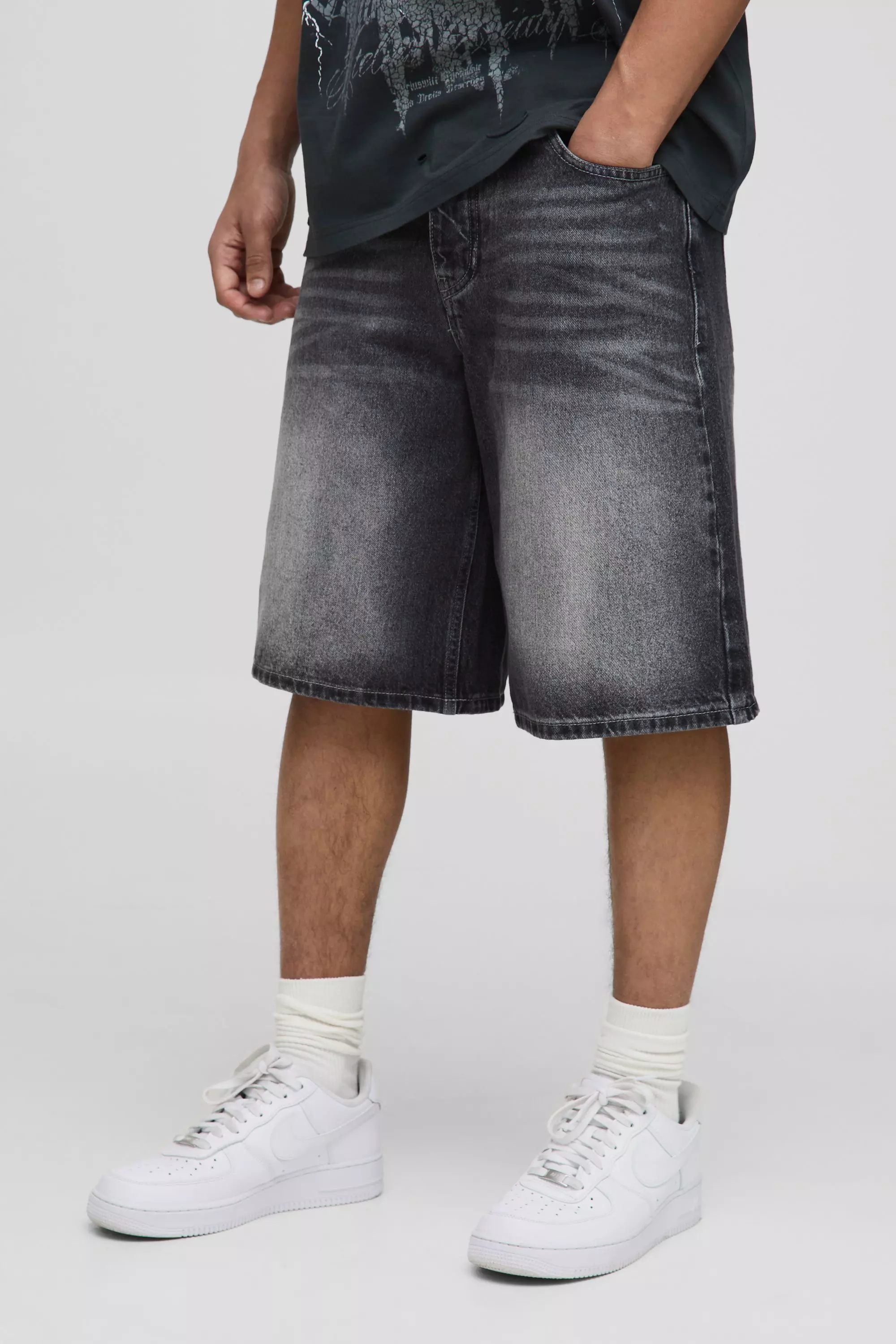 Regular Fit Charcoal Washed Denim Jorts Charcoal