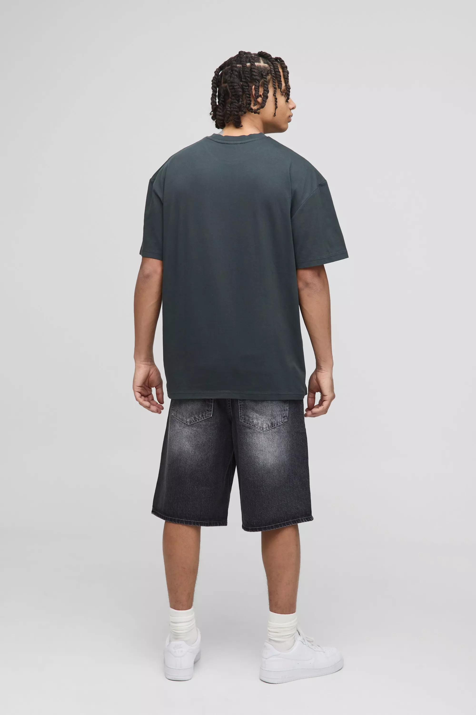 Regular Fit Charcoal Washed Denim Jorts | boohooMAN USA