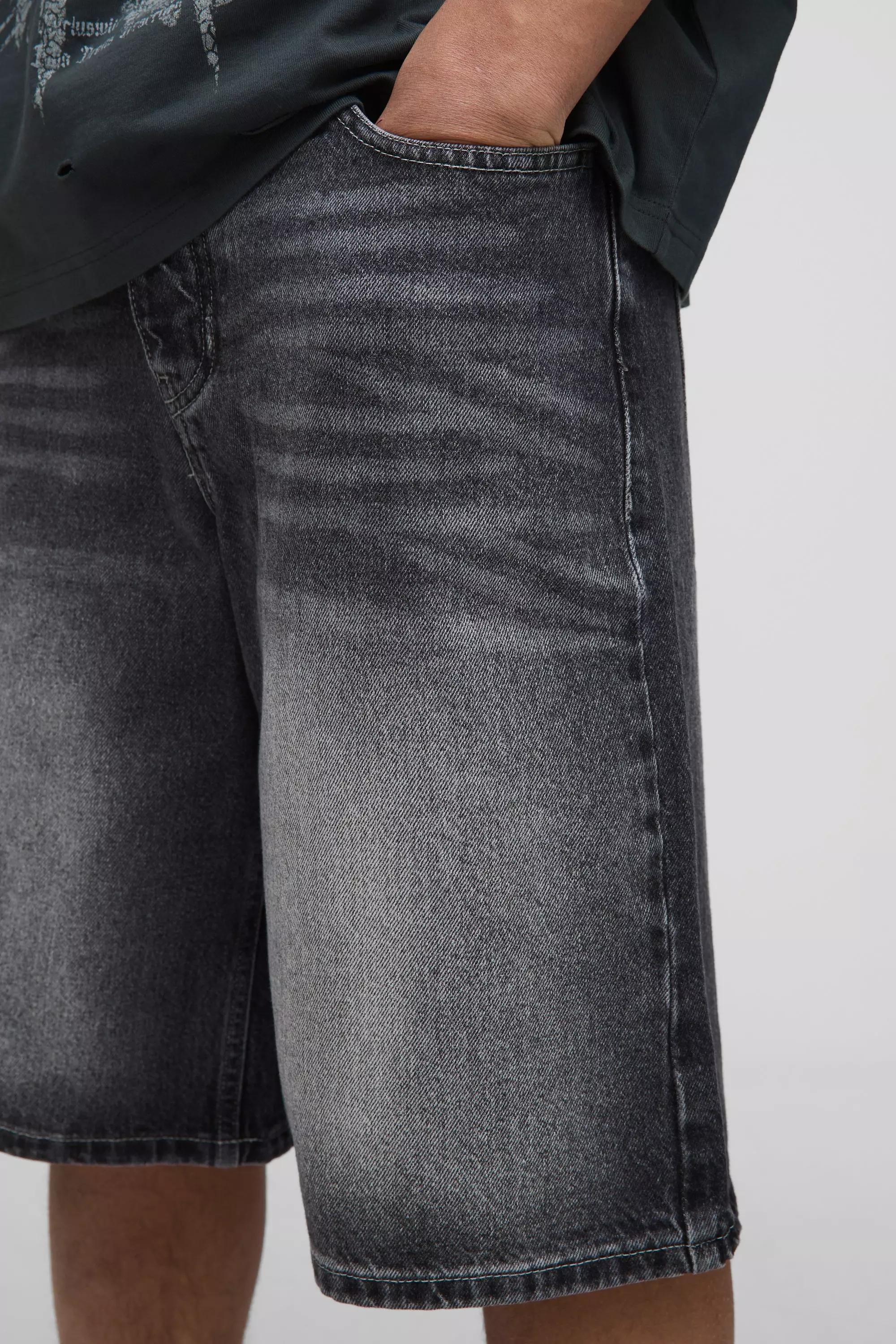 Regular Fit Charcoal Washed Denim Jorts | boohooMAN USA