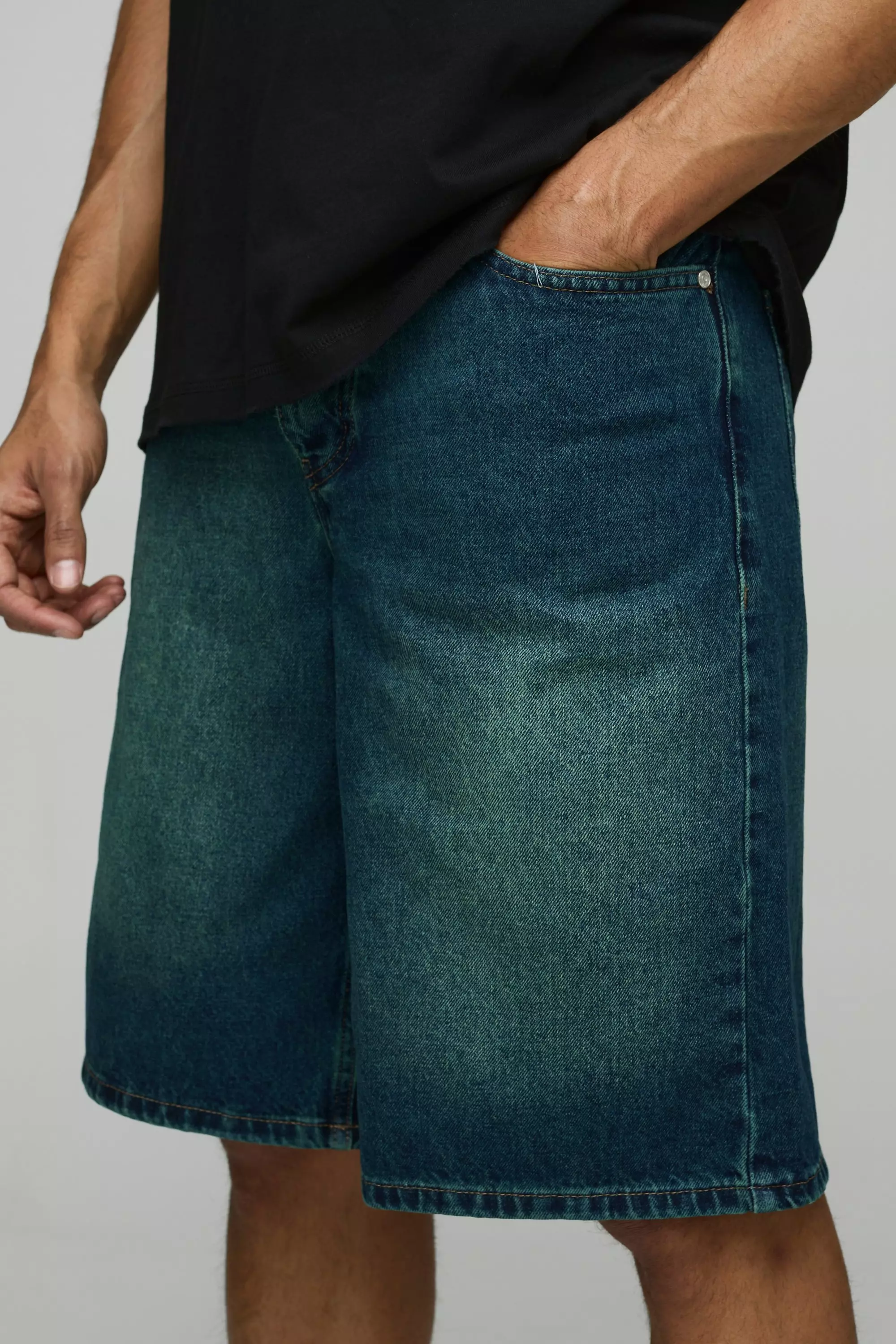 Regular Fit Green Washed Denim Jorts | boohooMAN USA