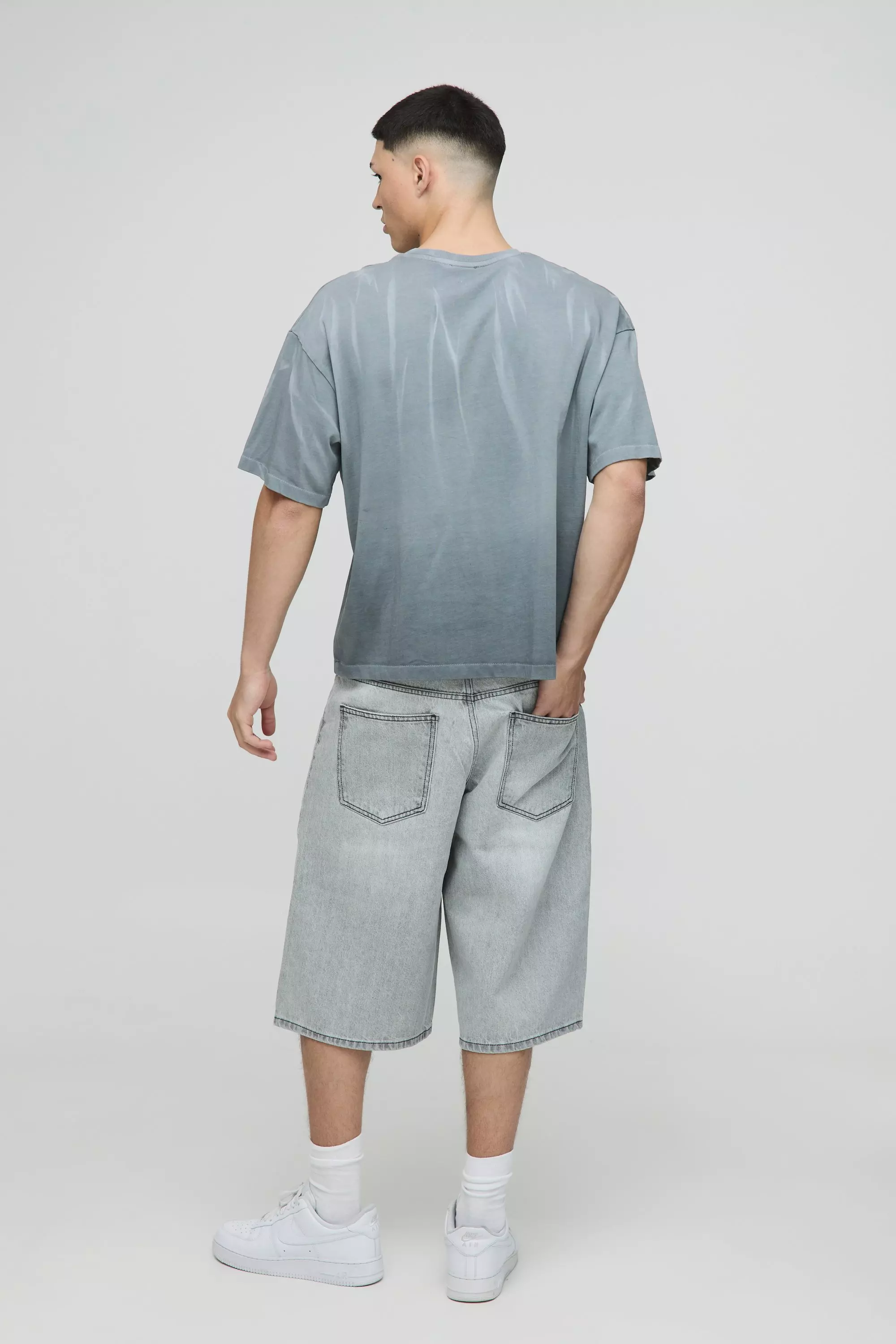 Longline Light Grey Washed Denim Jorts | boohooMAN