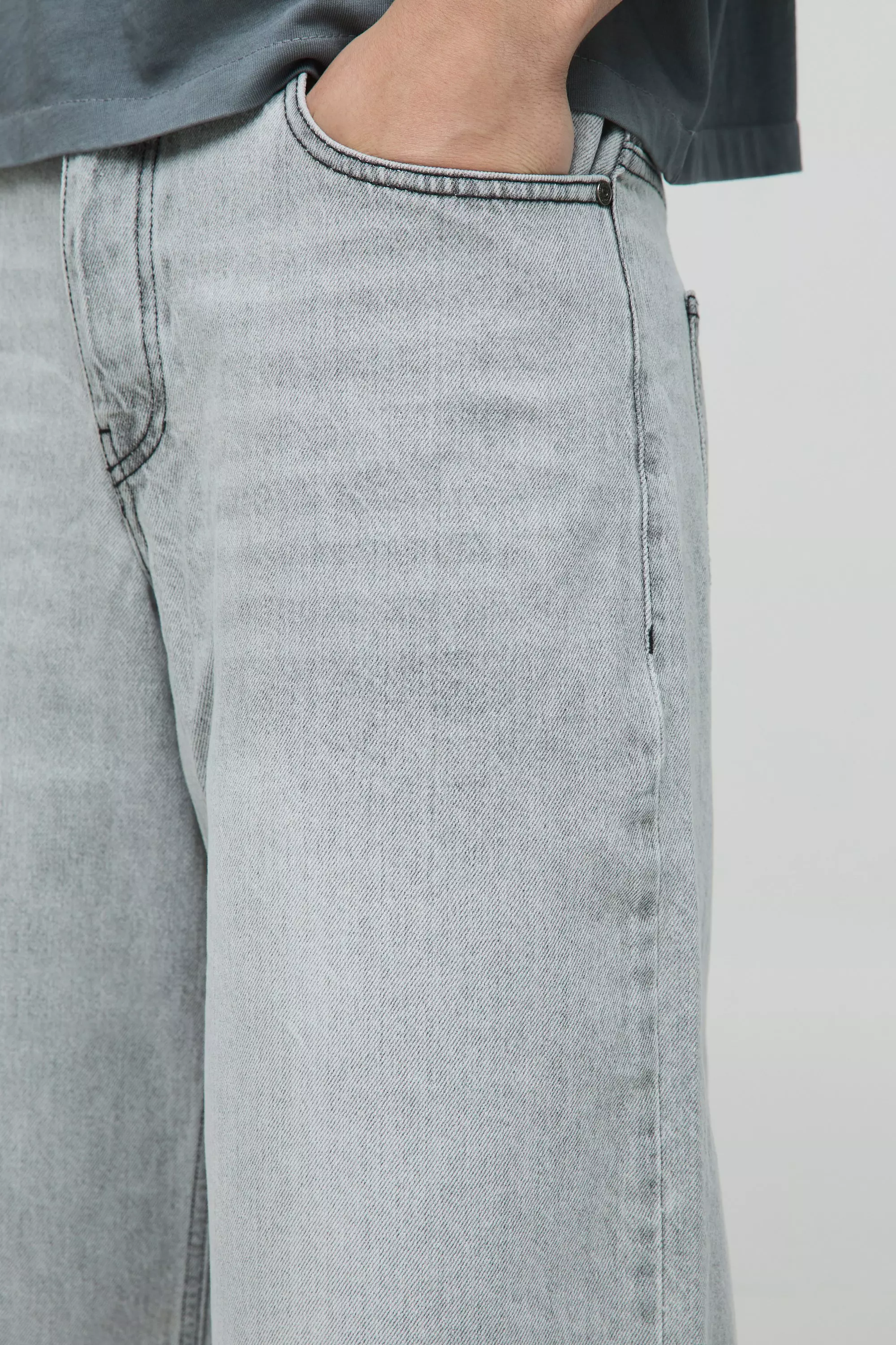 Longline Light Grey Washed Denim Jorts | boohooMAN