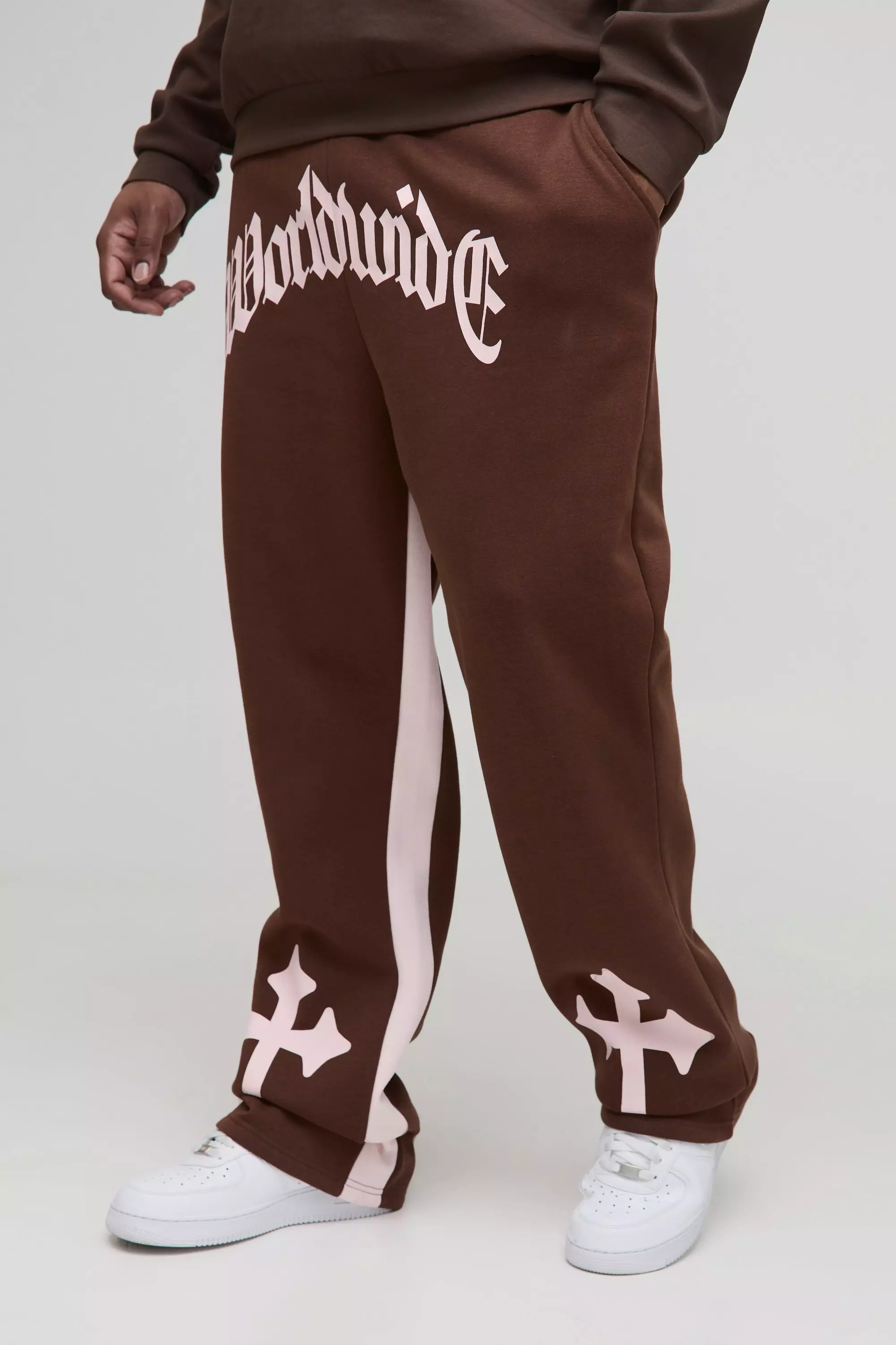Plus Worldwide Cross Print Flared Gusset Sweatpants Chocolate