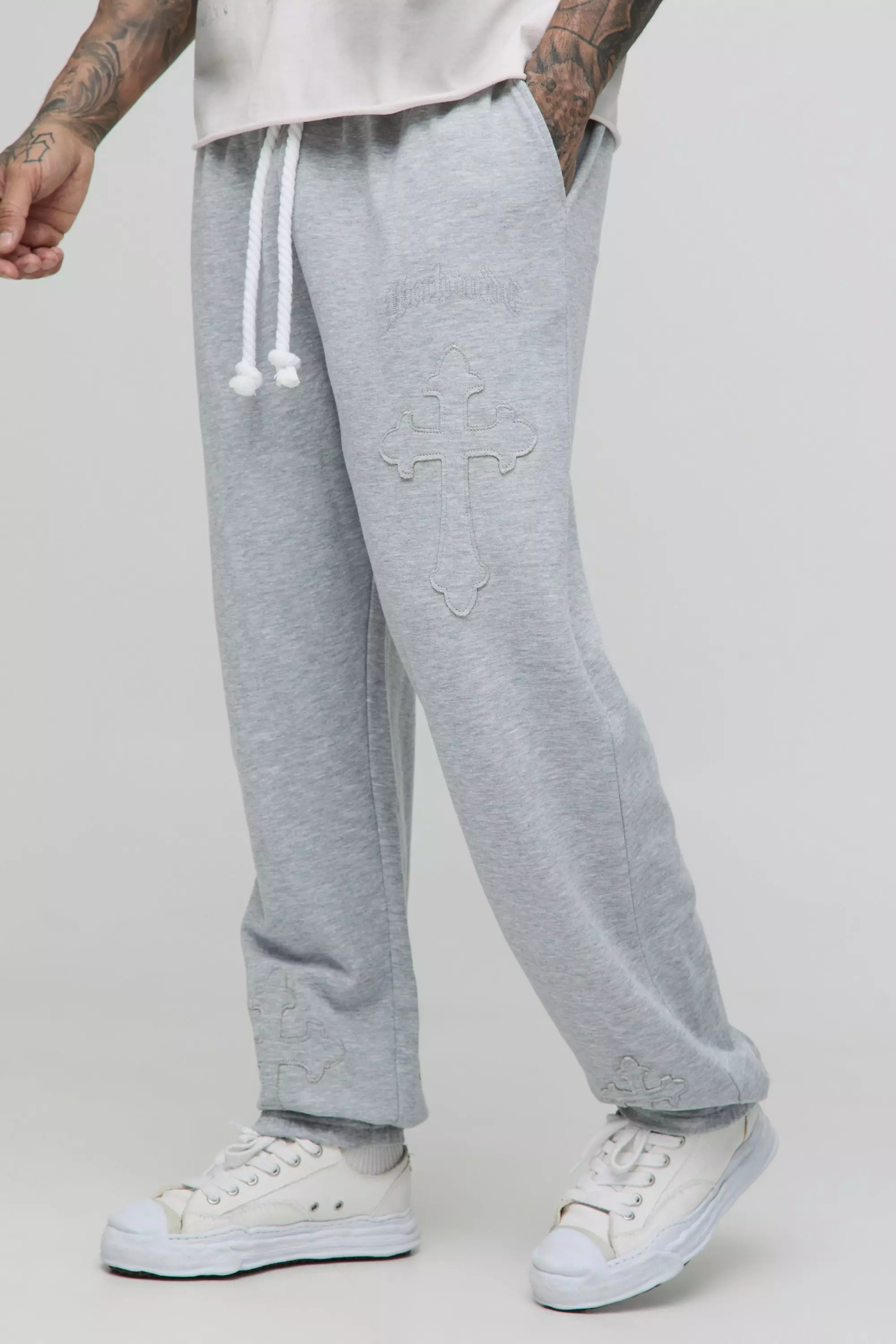 Tall Cross Applique Rope Drawcord Oversized Loopback Jogger Grey marl