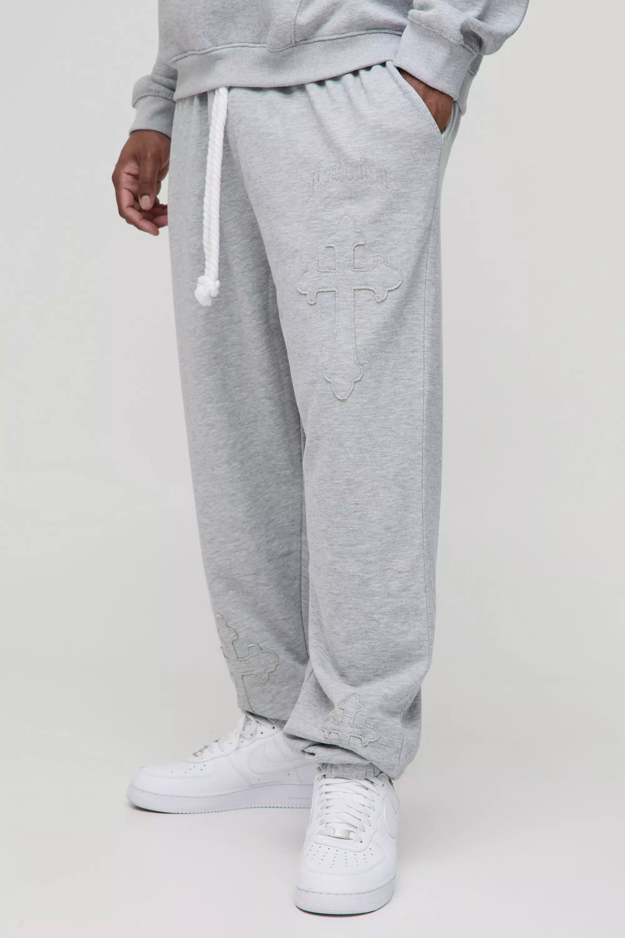 Plus Cross Applique Rope Drawcord Oversized Loopback Sweatpants Grey marl