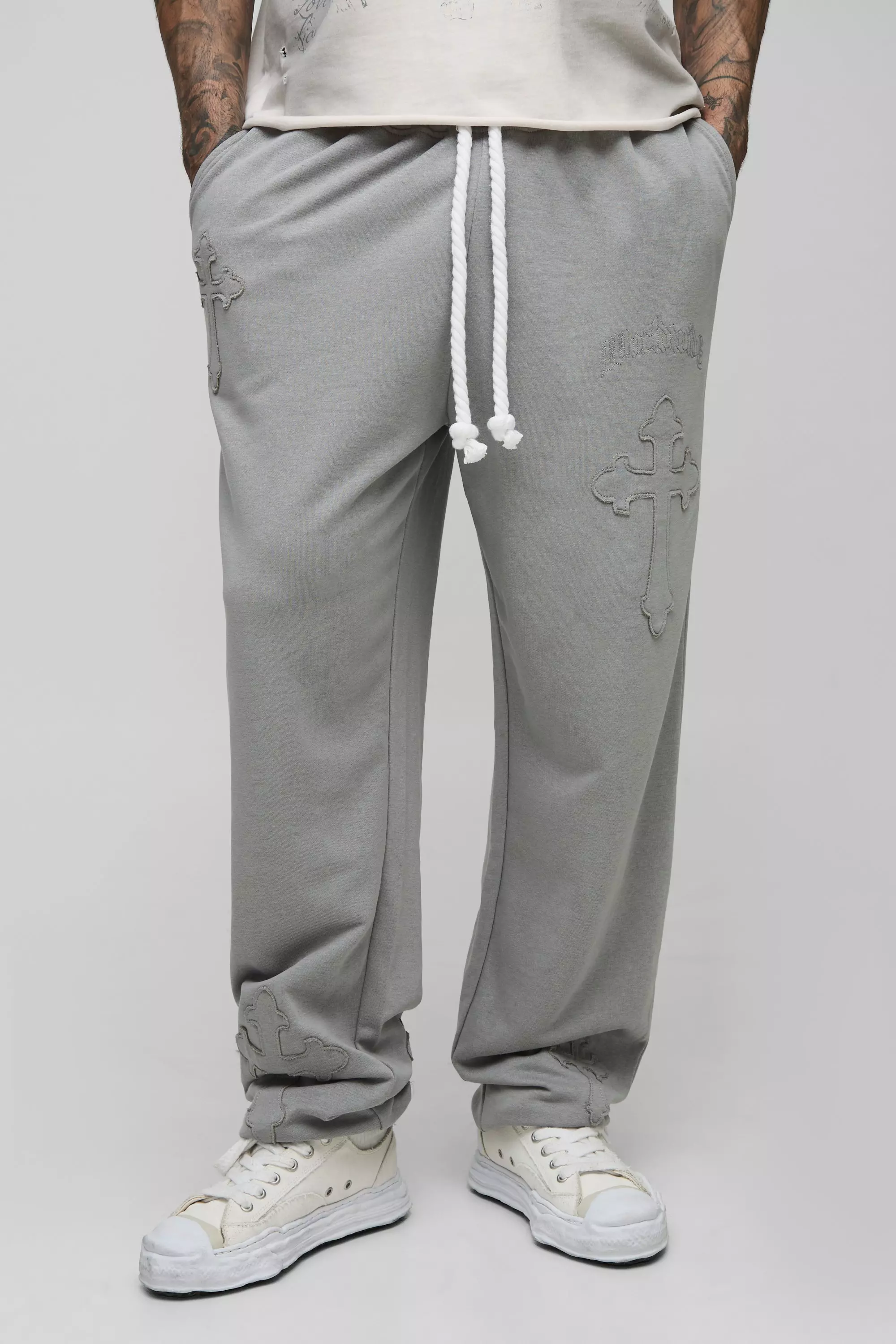 Khaki Tall Cross Applique Rope Drawcord Oversized Loopback Jogger