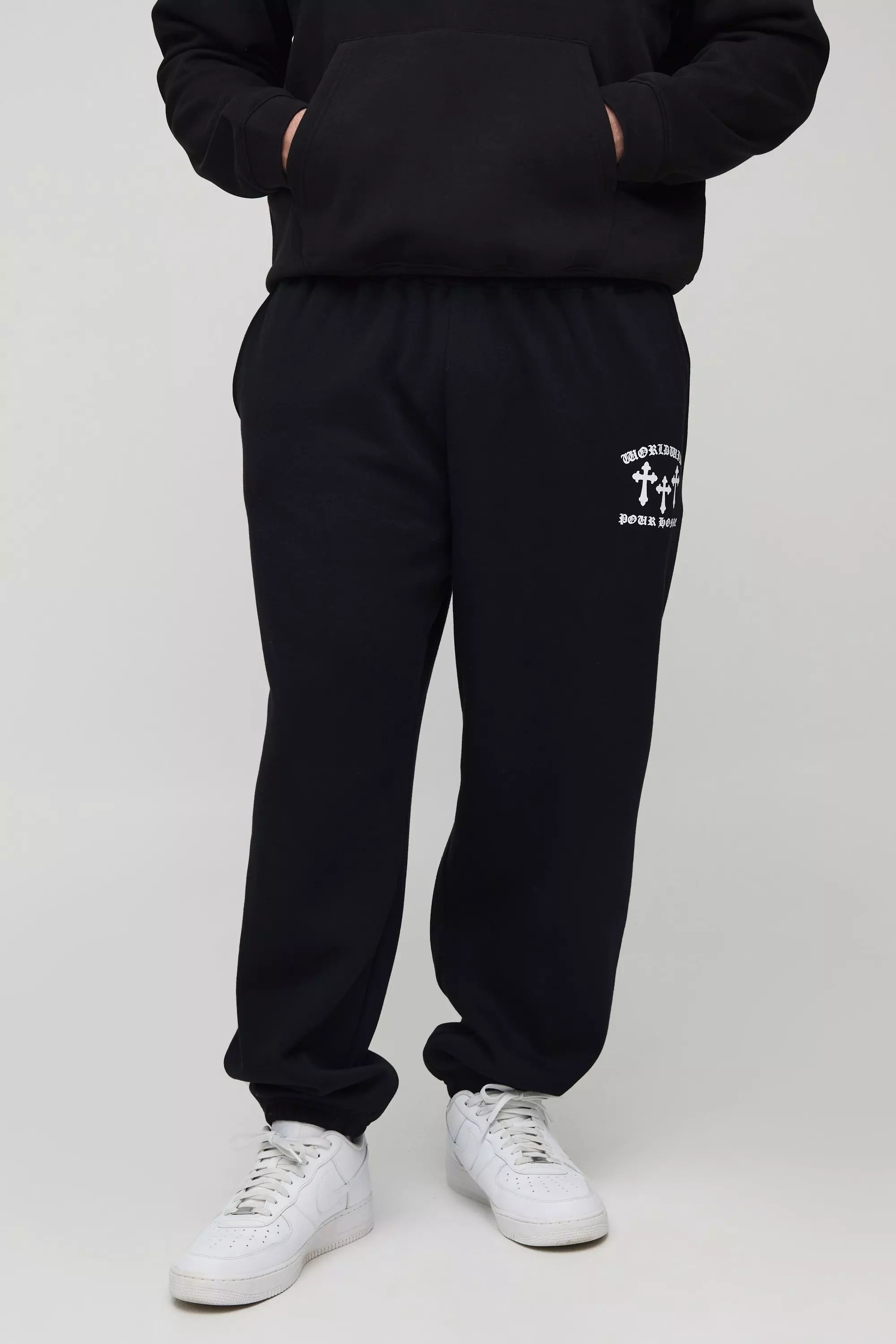 Plus Cross Print Oversized Sweatpants Black