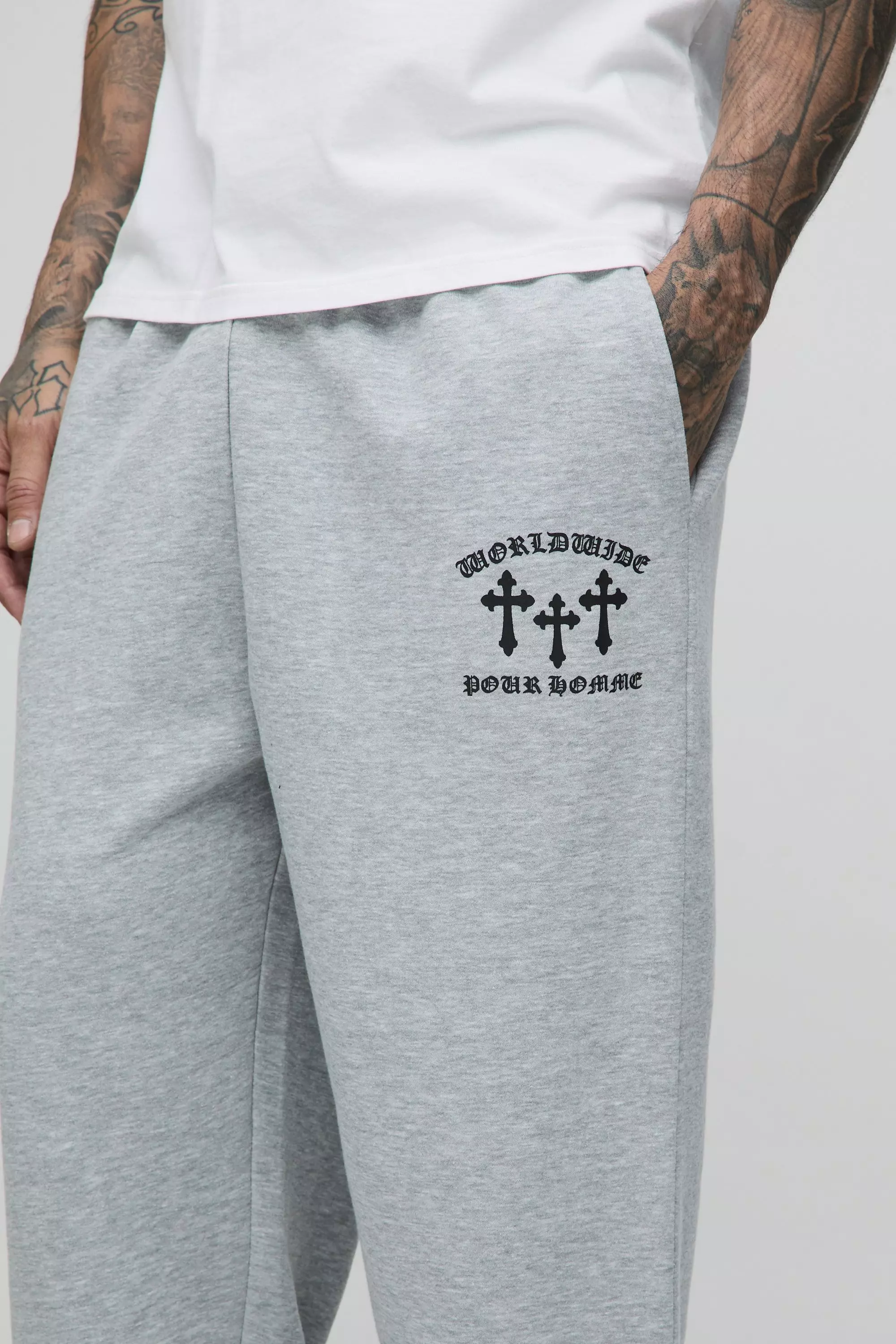 Grey marl Tall Cross Print Oversized Jogger alternative image