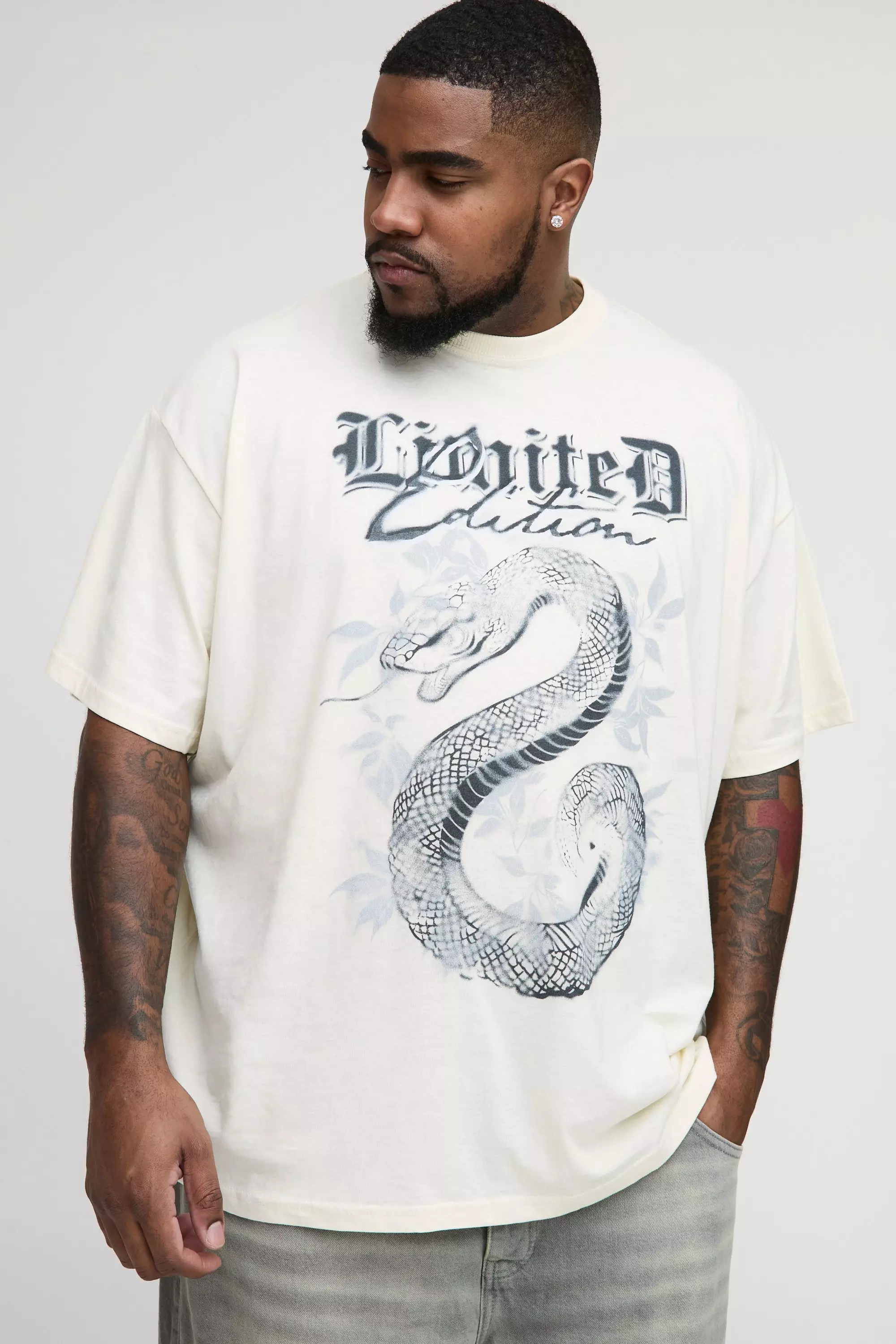 Ecru Plus Oversized Limited Slangenprint T-Shirt alternatieve afbeelding