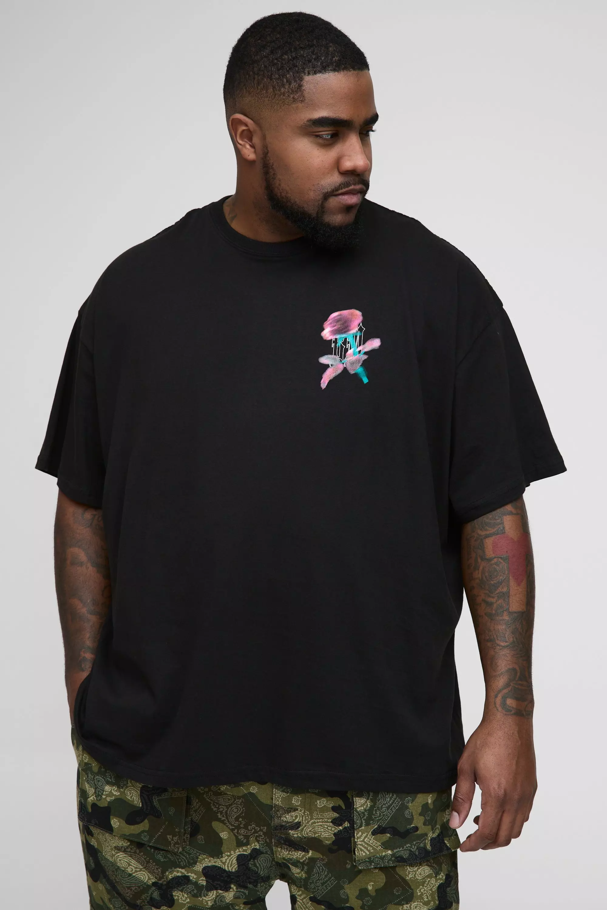 Plus Oversized Gothic Rose Print T-Shirt | boohooMAN USA