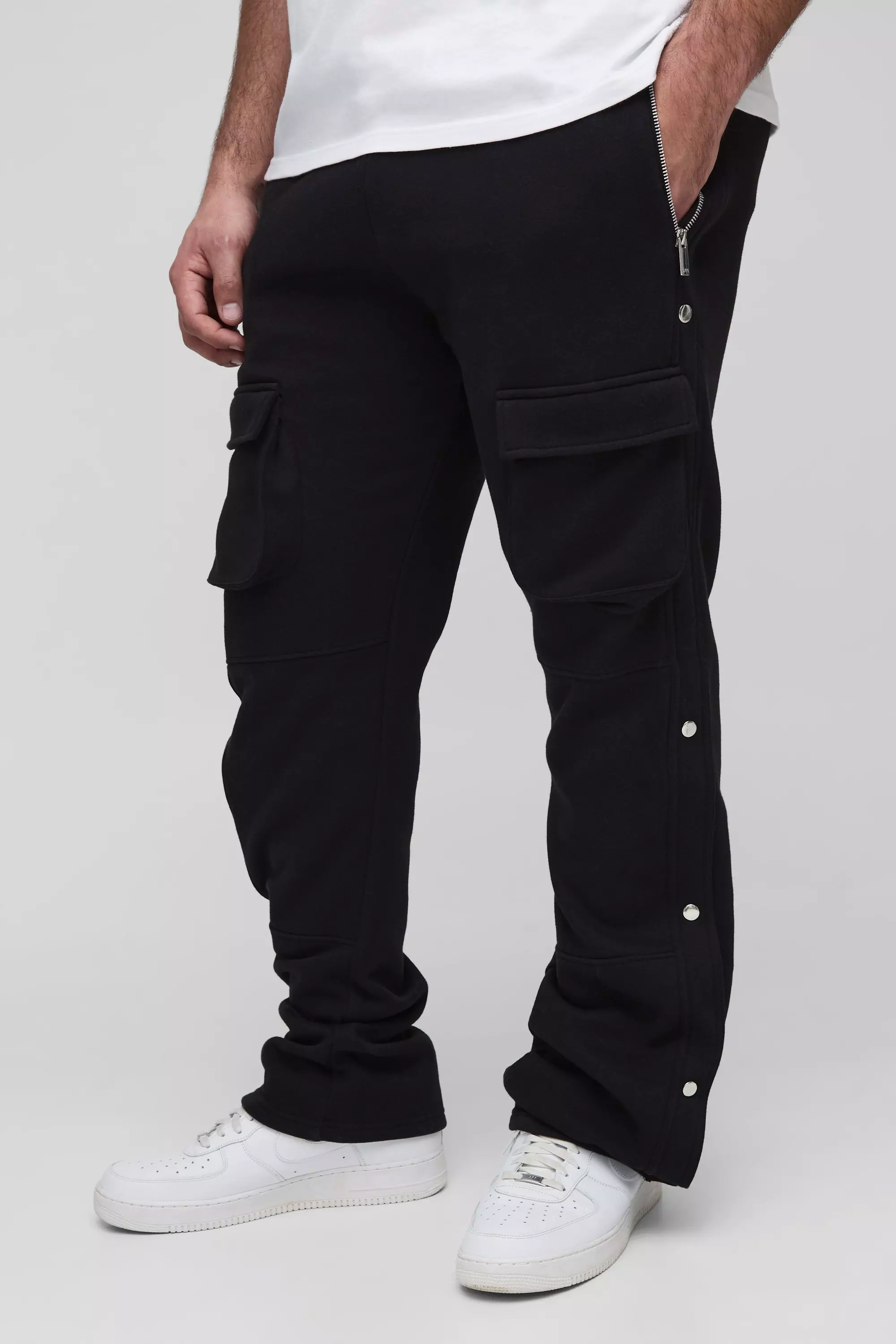 Plus Slim Stacked Flared Popper Detail Sweatpants | boohooMAN USA