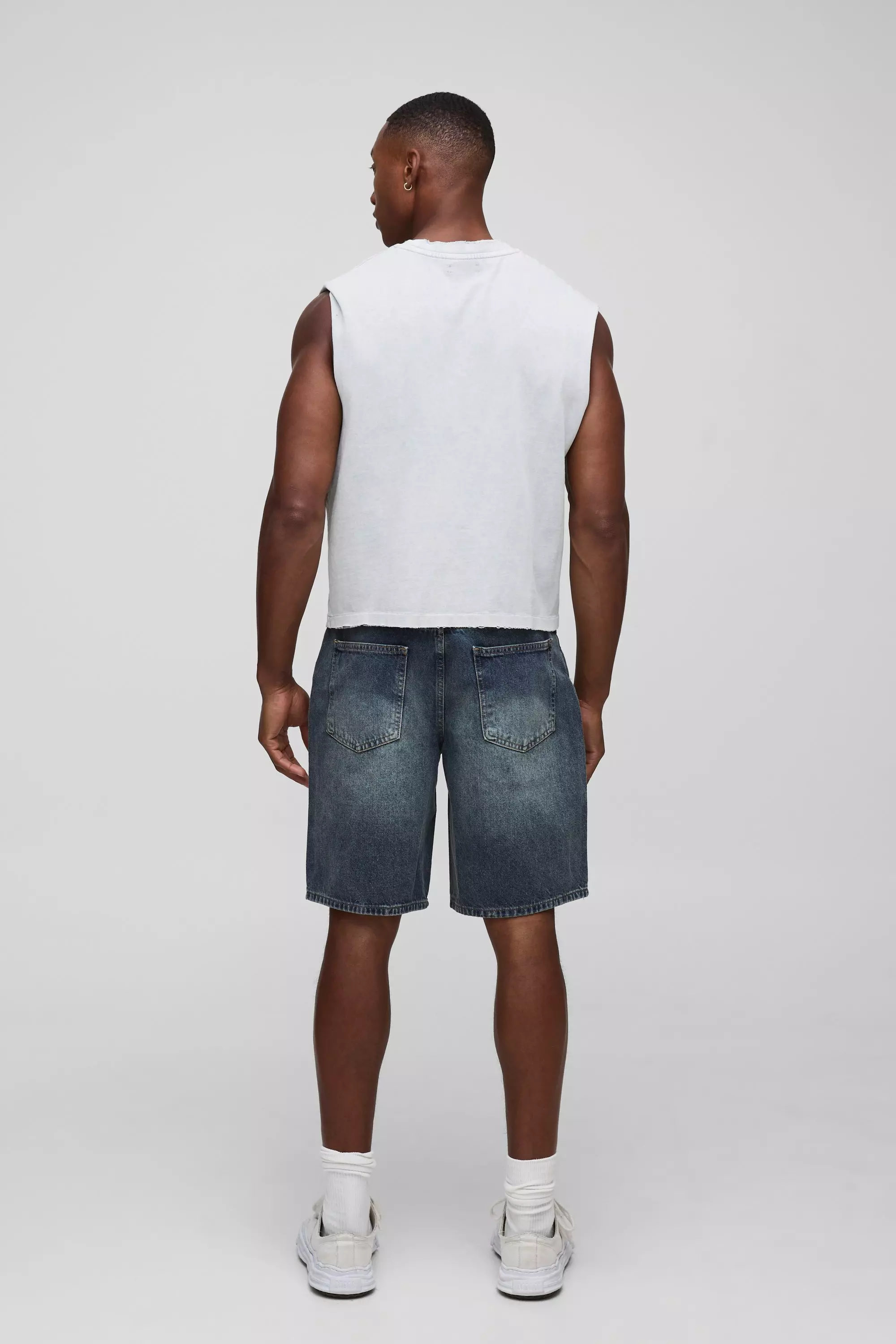 Relaxed Fit Antique Blue Ripped Jean Shorts | boohooMAN USA