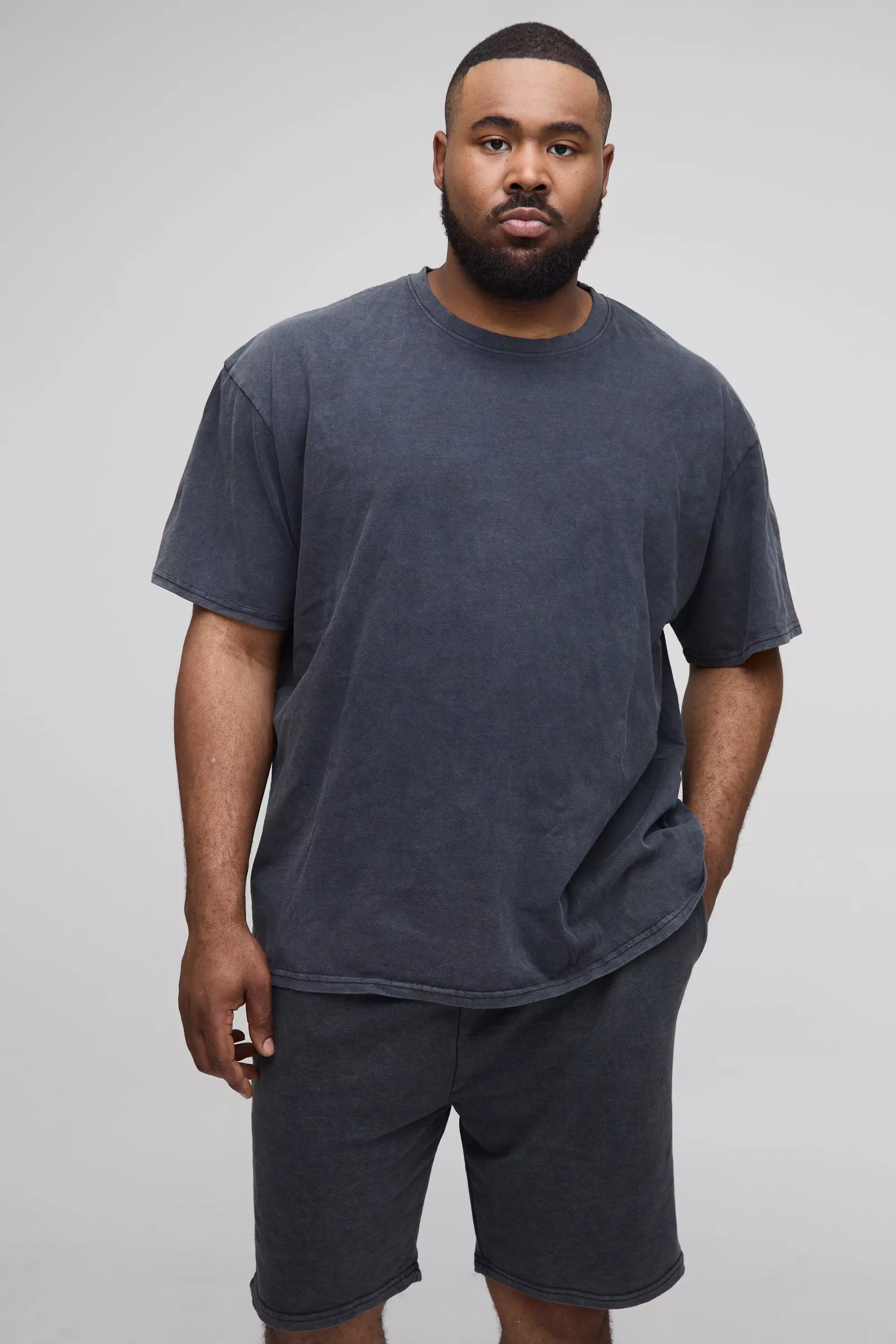 Plus Oversized Acid Wash T-Shirt & Short Set Black