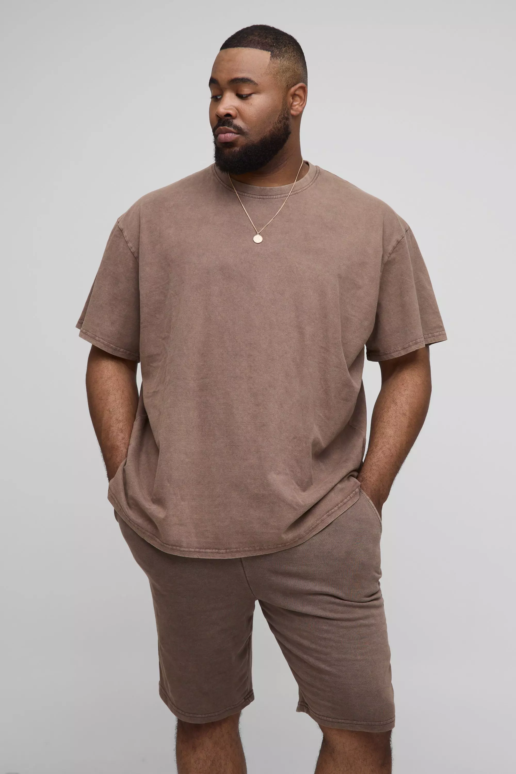 Plus Oversized Acid Wash T-Shirt & Short Set Brown