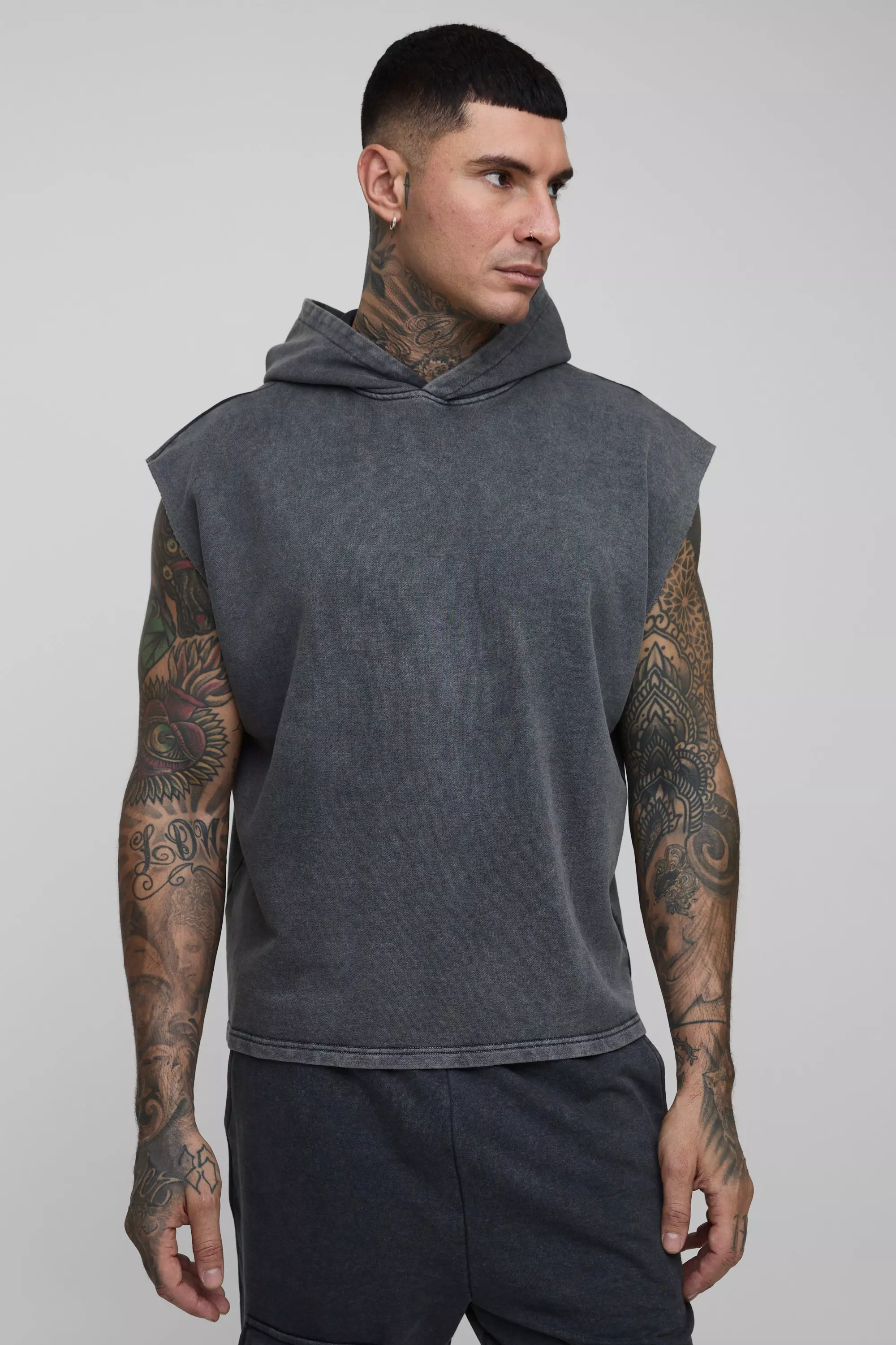 Tall Oversized Boxy Sleeveless Acid Wash Hoodie Black