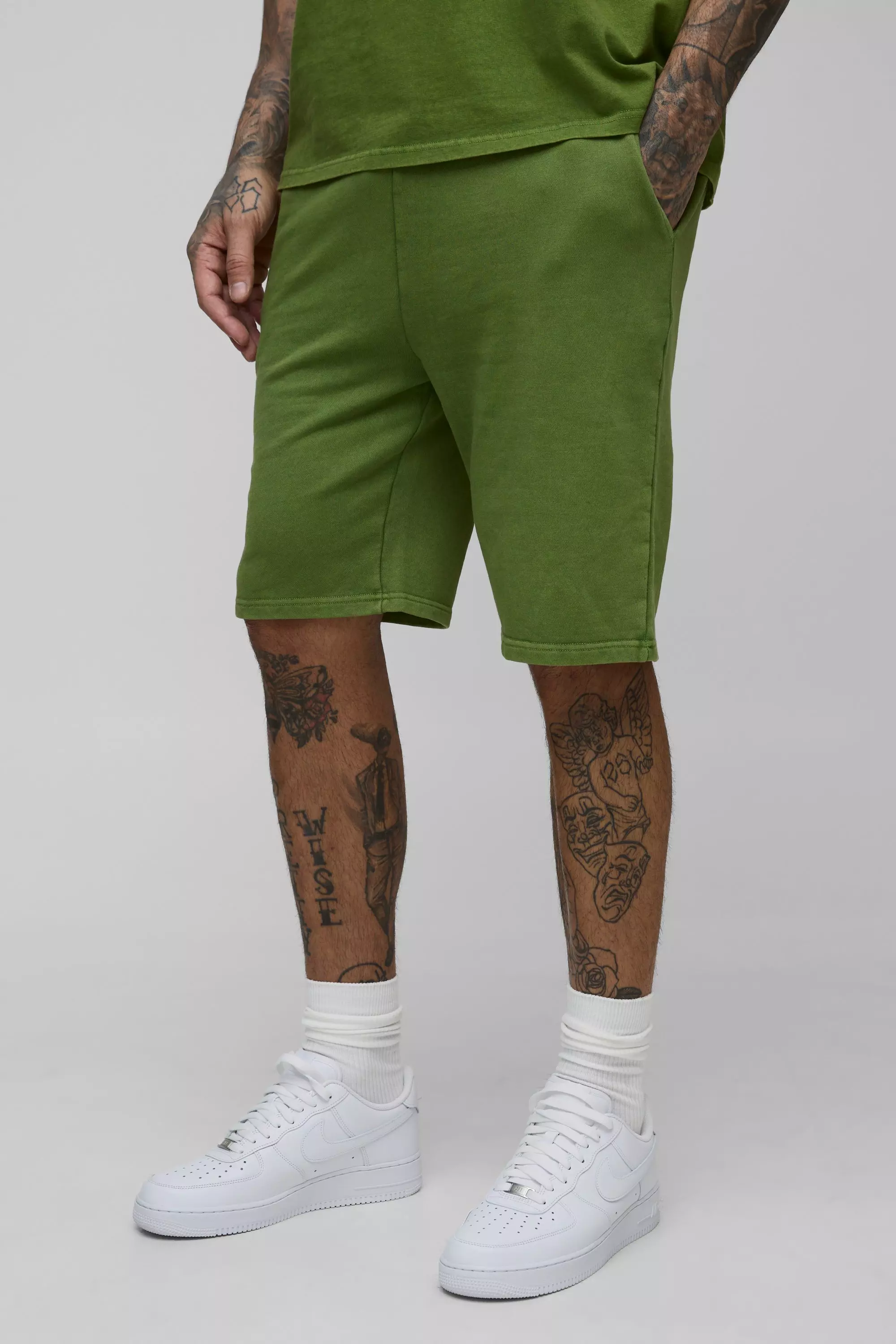 Khaki Tall Loose Fit Acid Wash Jersey Shorts alternative image