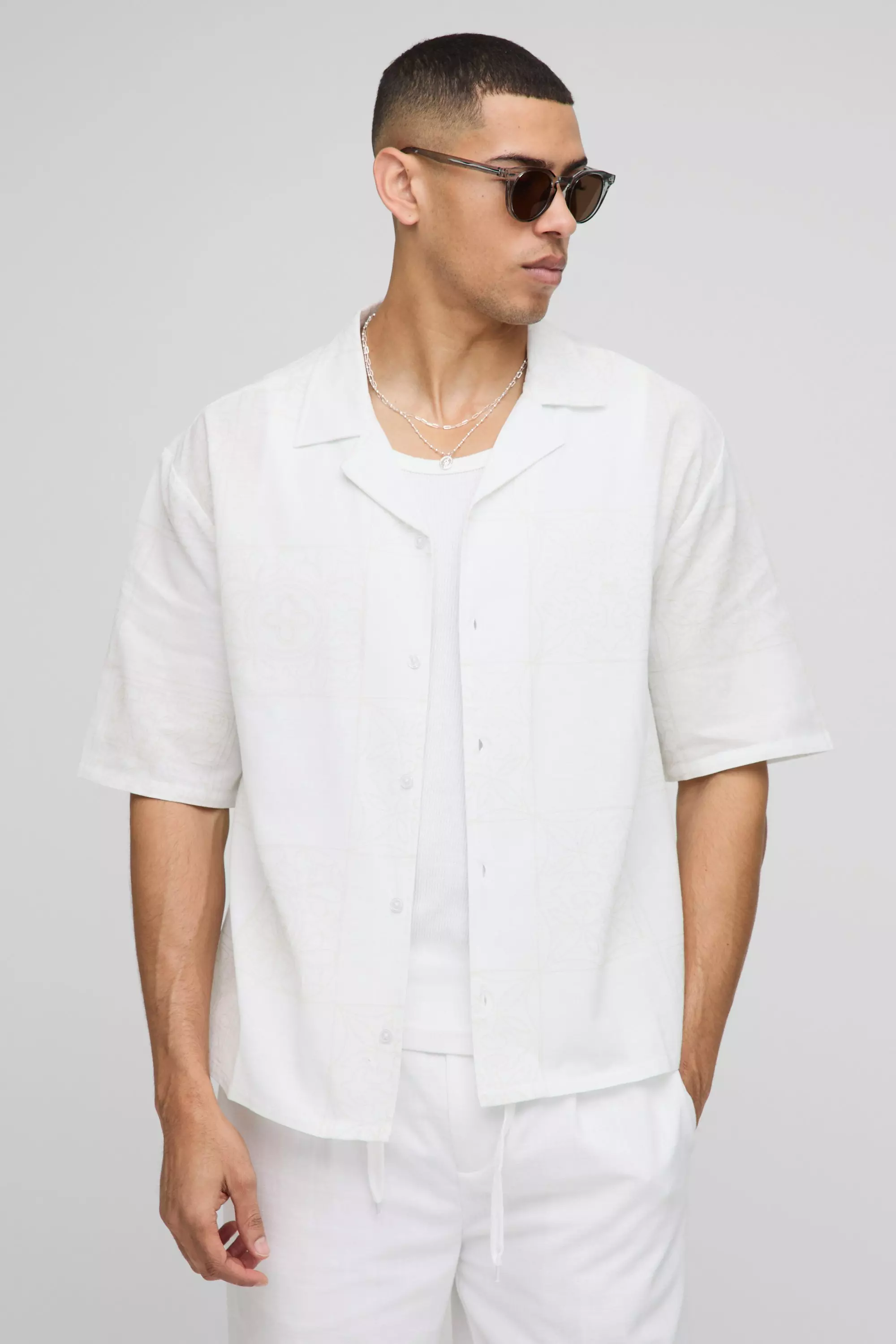 Oversized Tonal Check Printed Shirt Ecru