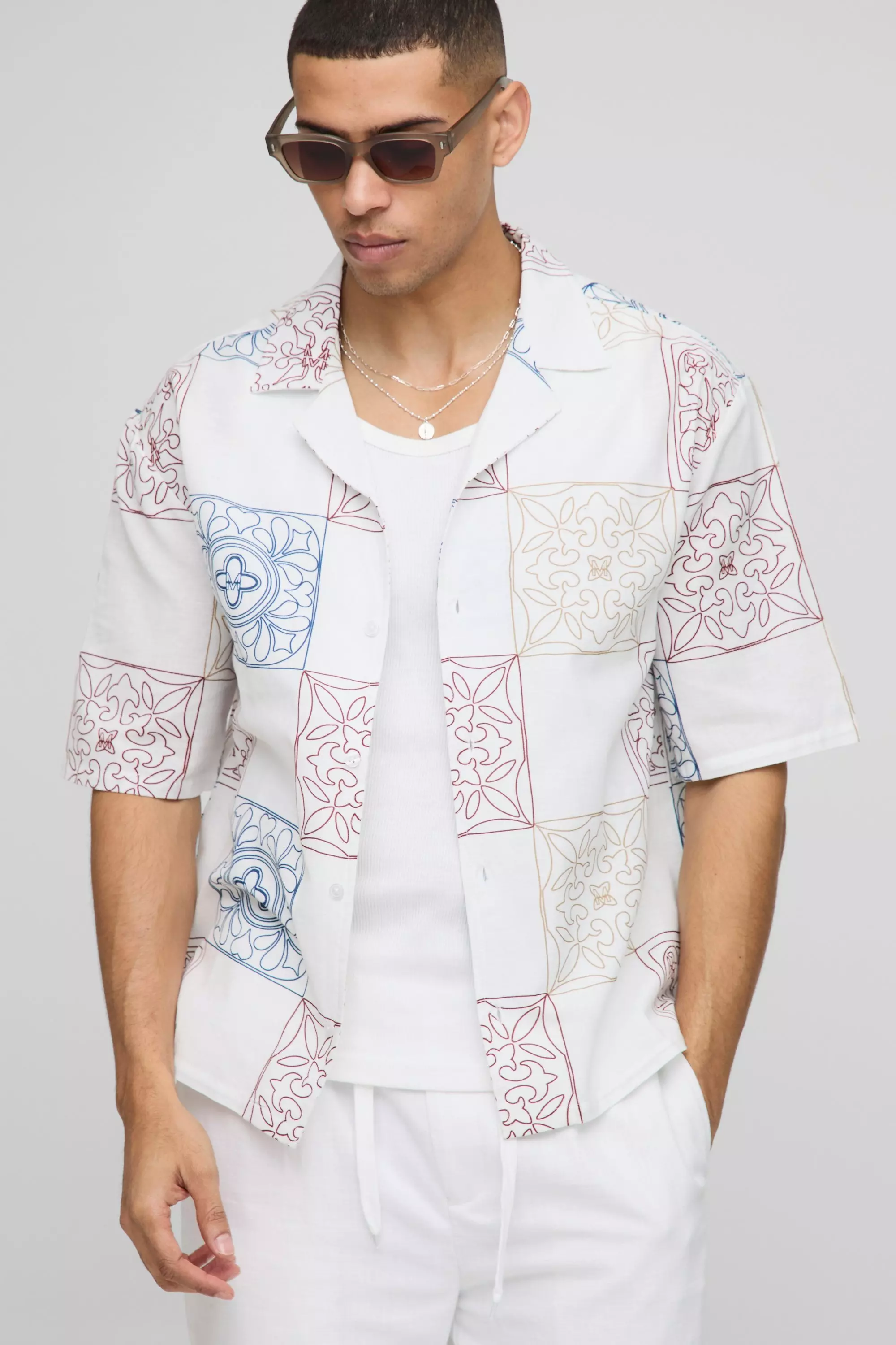 Oversized Tonal Check Printed Shirt White