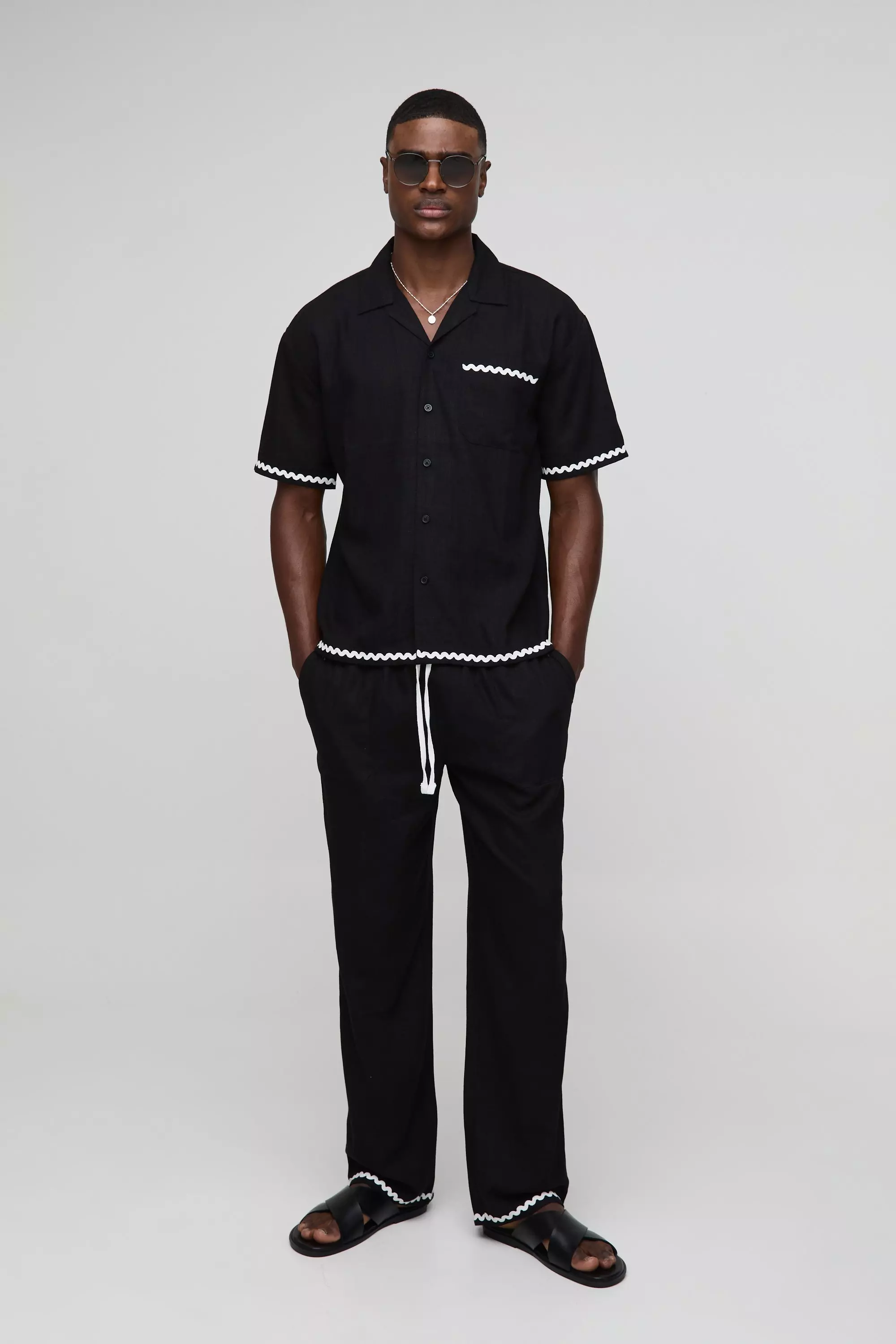 Black Oversized Contrast Trim Heavyweight Linen Shirt & Relaxed Trouser Set