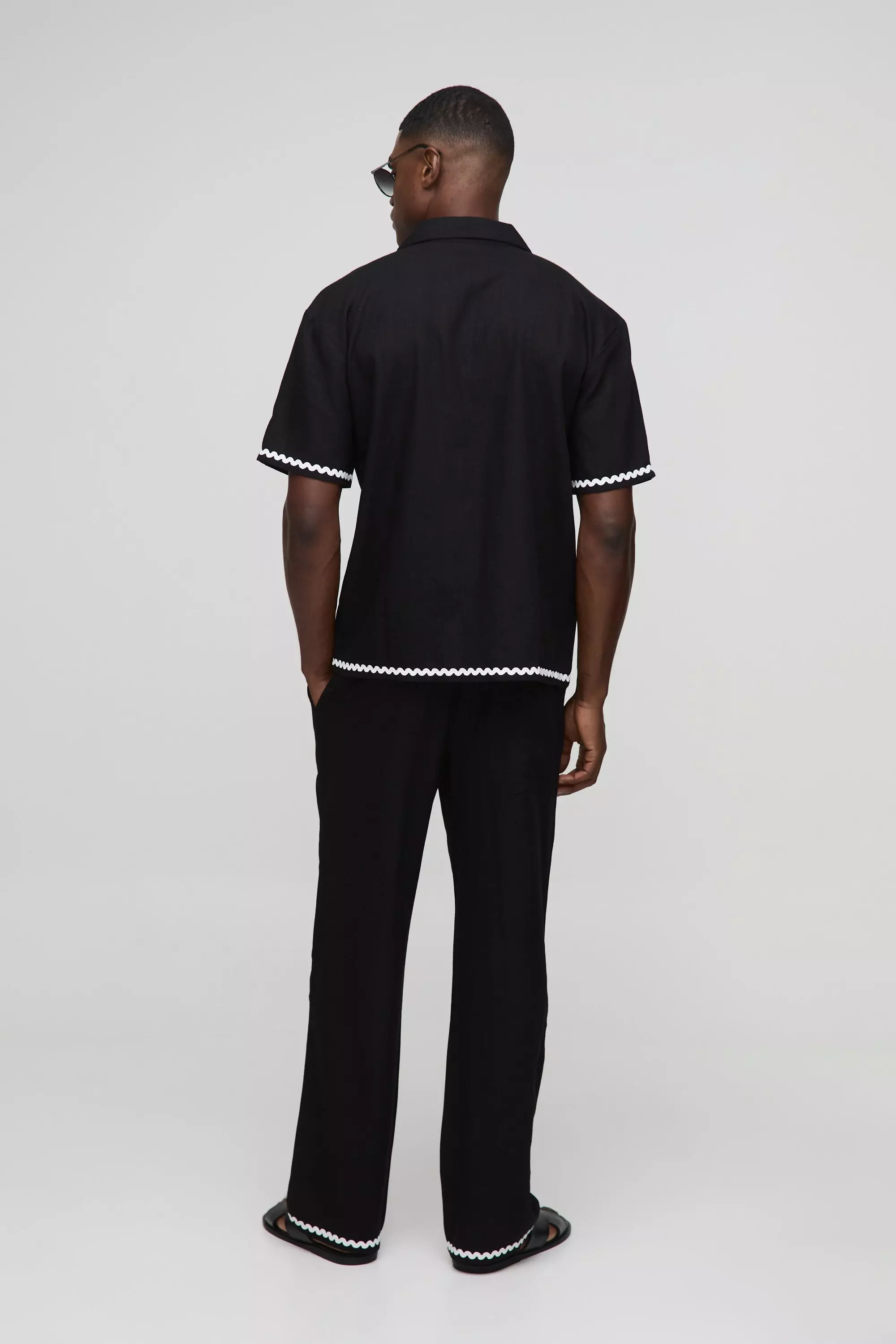 Oversized Contrast Trim Heavyweight Linen Shirt & Relaxed Trouser Set | boohooMAN USA