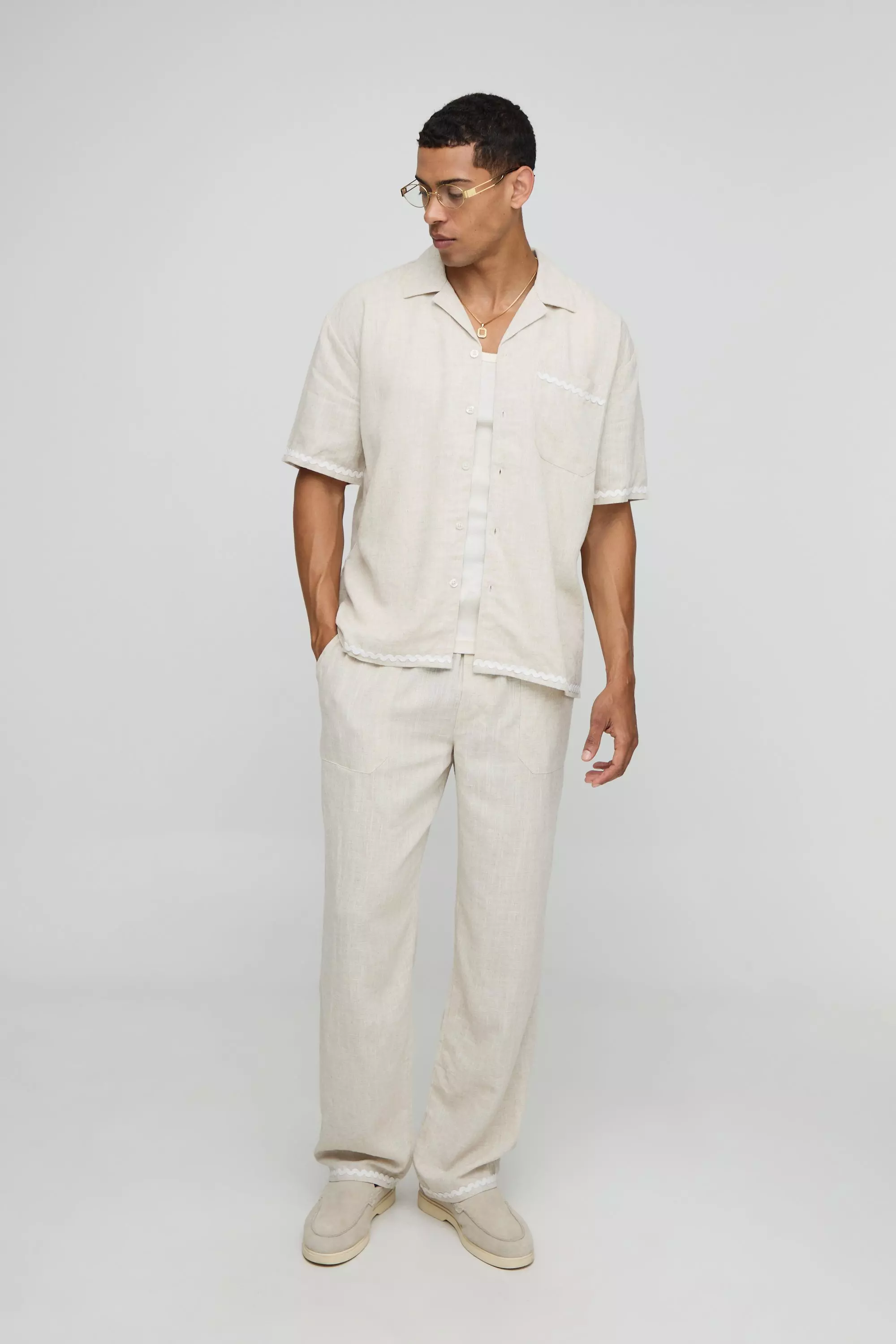 Oversized Contrast Trim Heavyweight Linen Shirt & Relaxed Trouser Set Natural