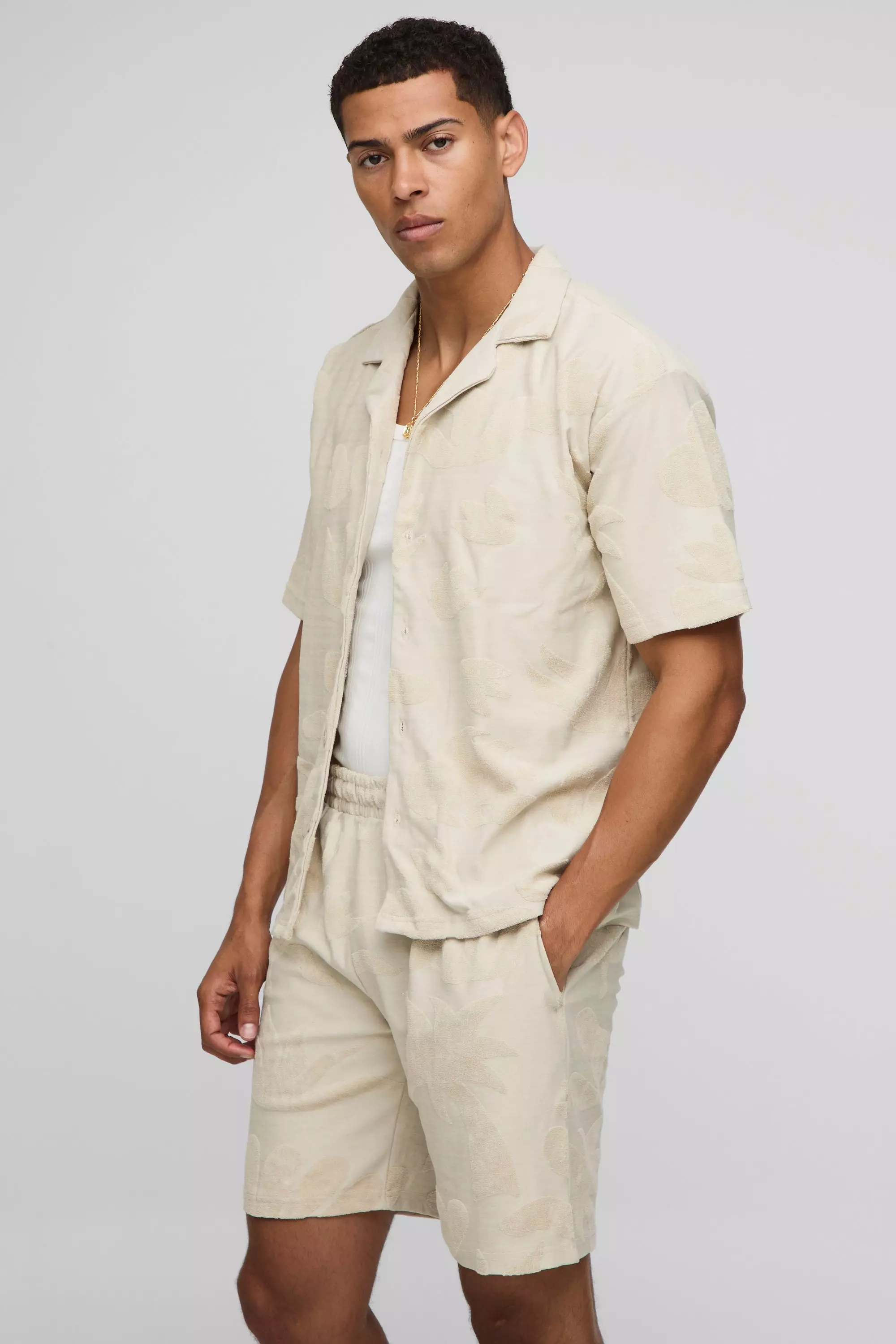 Oversized Abstract Towelling Shirt & Relaxed Short Set | boohooMAN USA