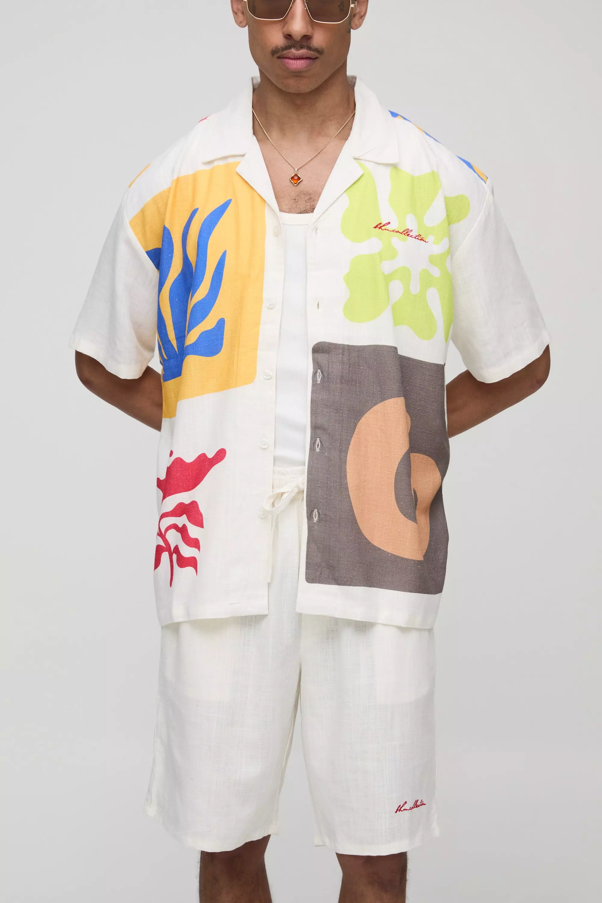 Oversized Abstract Linen Blend Shirt & Relaxed Short Set | boohooMAN USA