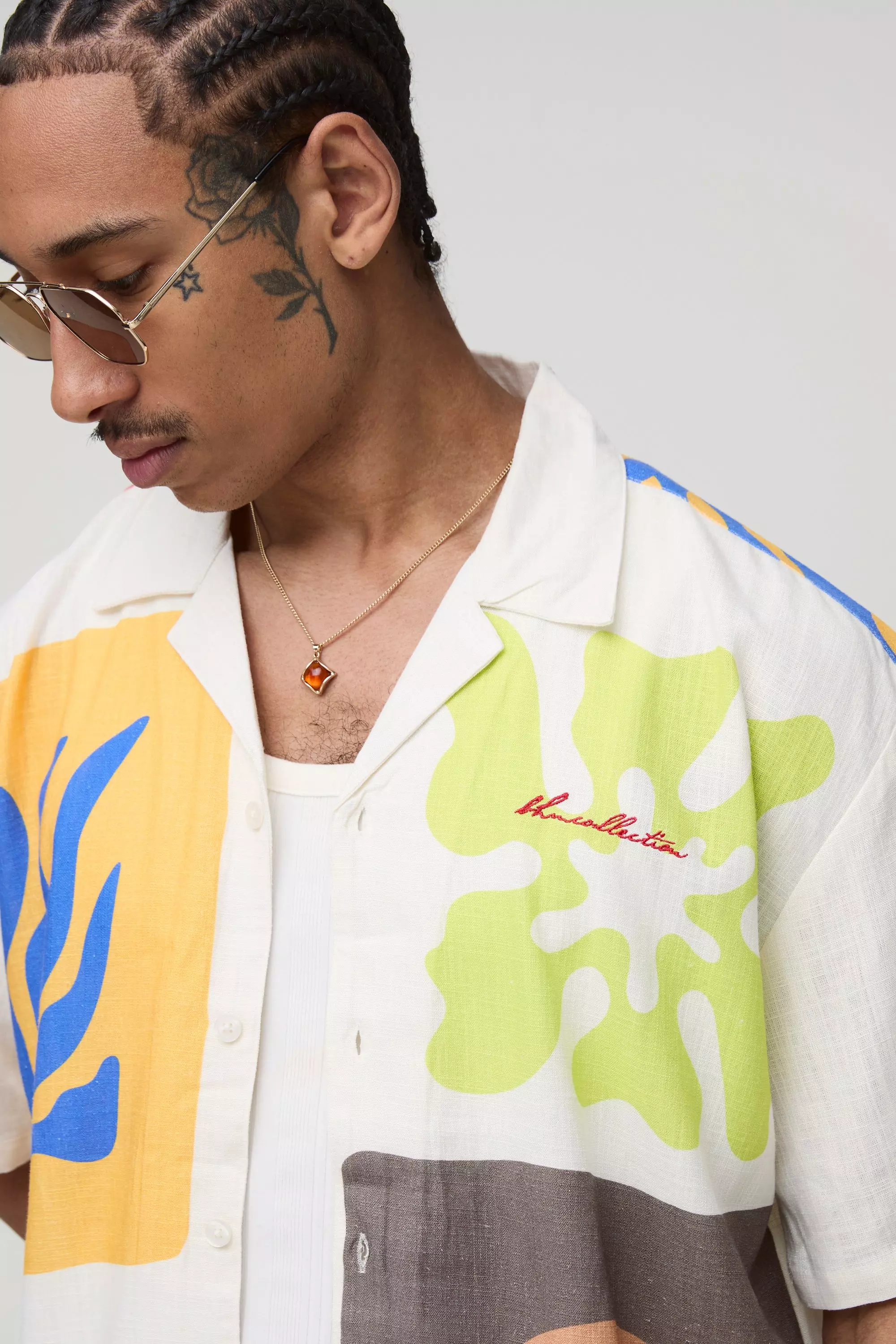 Oversized Abstract Linen Blend Shirt & Relaxed Short Set | boohooMAN USA