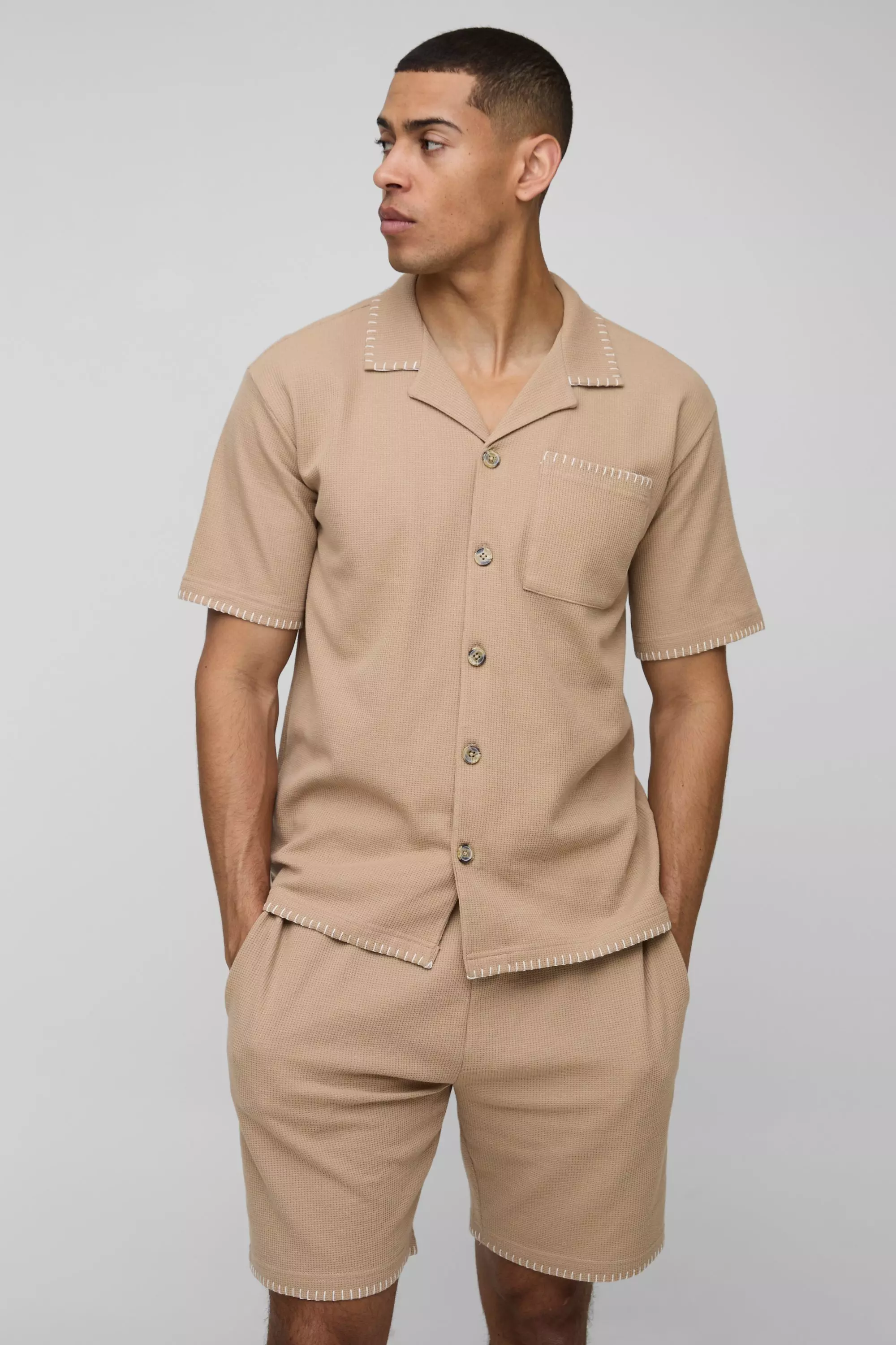 Oversized Contrast Stitch Waffle Shirt & Loose Fit Short Taupe