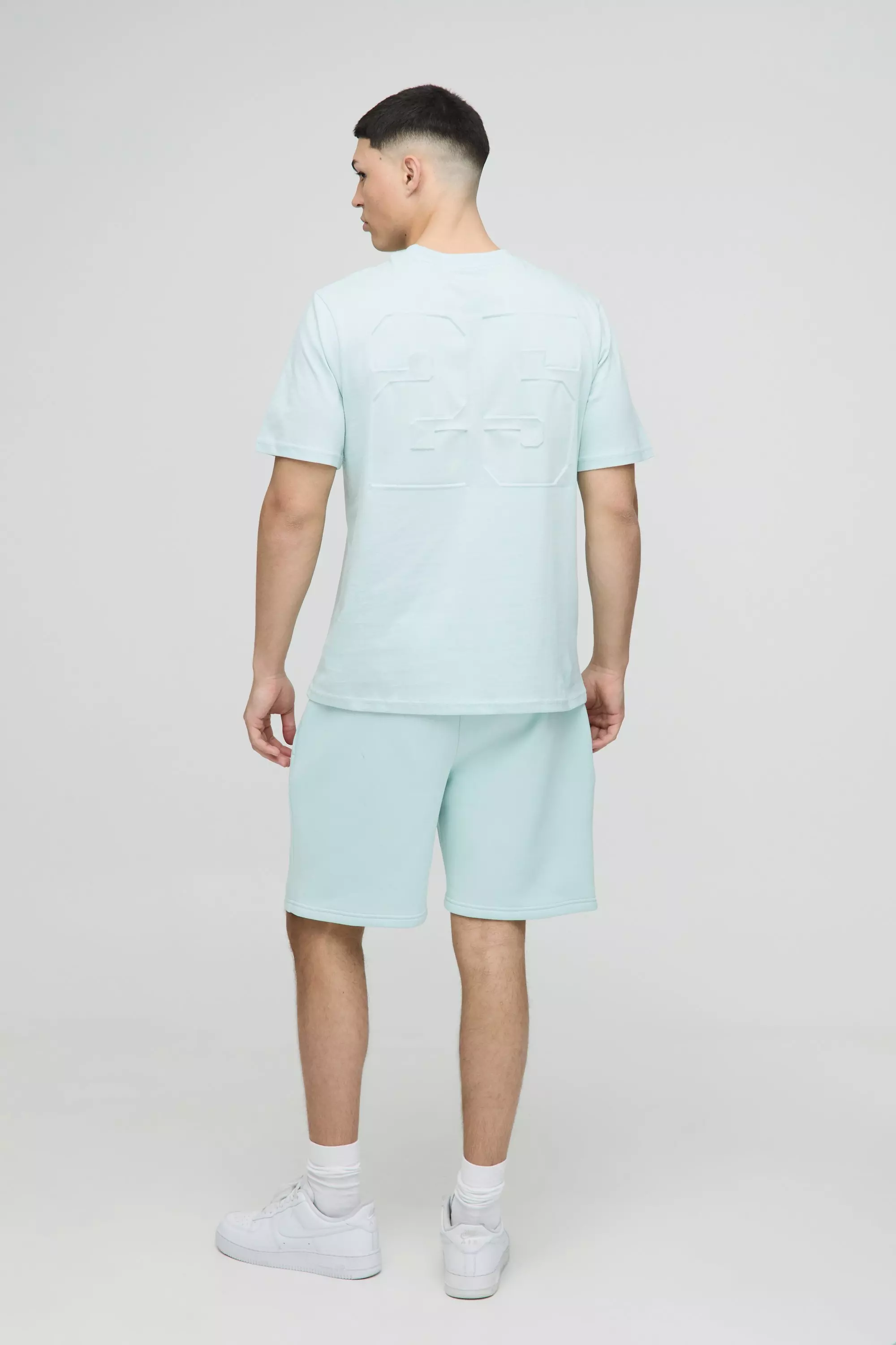 Regular Fit Varsity 25 Debossed T-Shirt & Short Set | boohooMAN USA