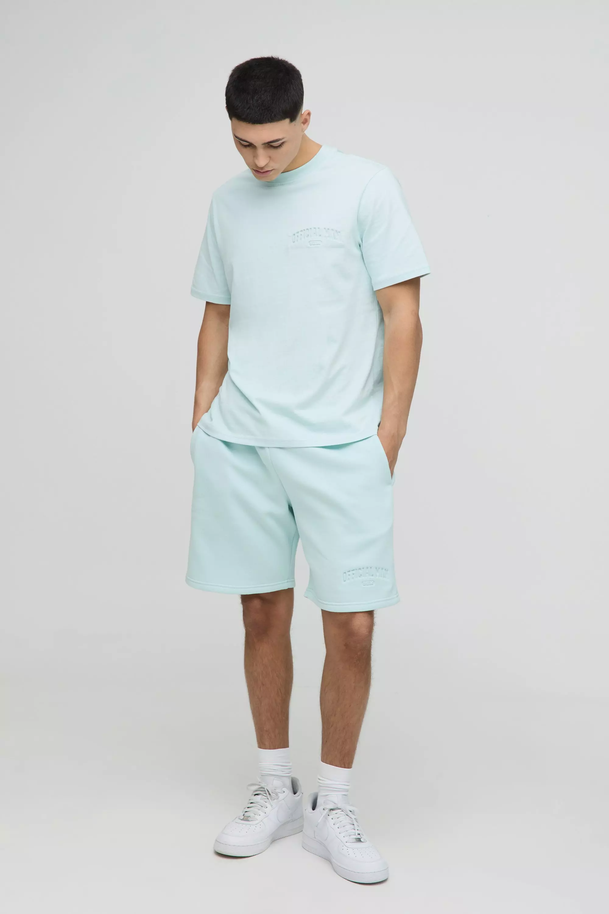 Regular Fit Varsity 25 Debossed T-Shirt & Short Set | boohooMAN USA