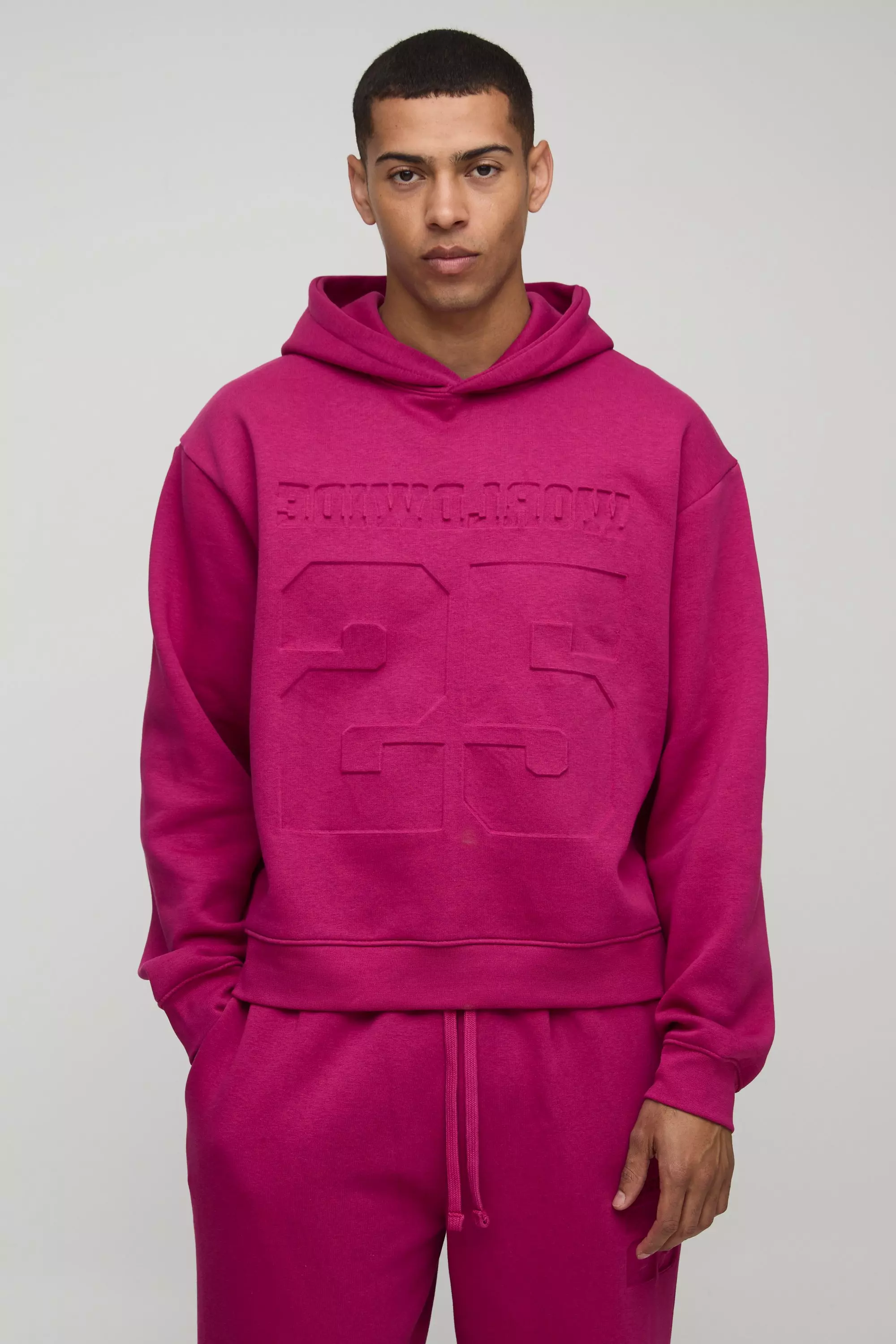 Oversized Boxy Varsity 25 Debossed Hooded Tracksuit | boohooMAN USA