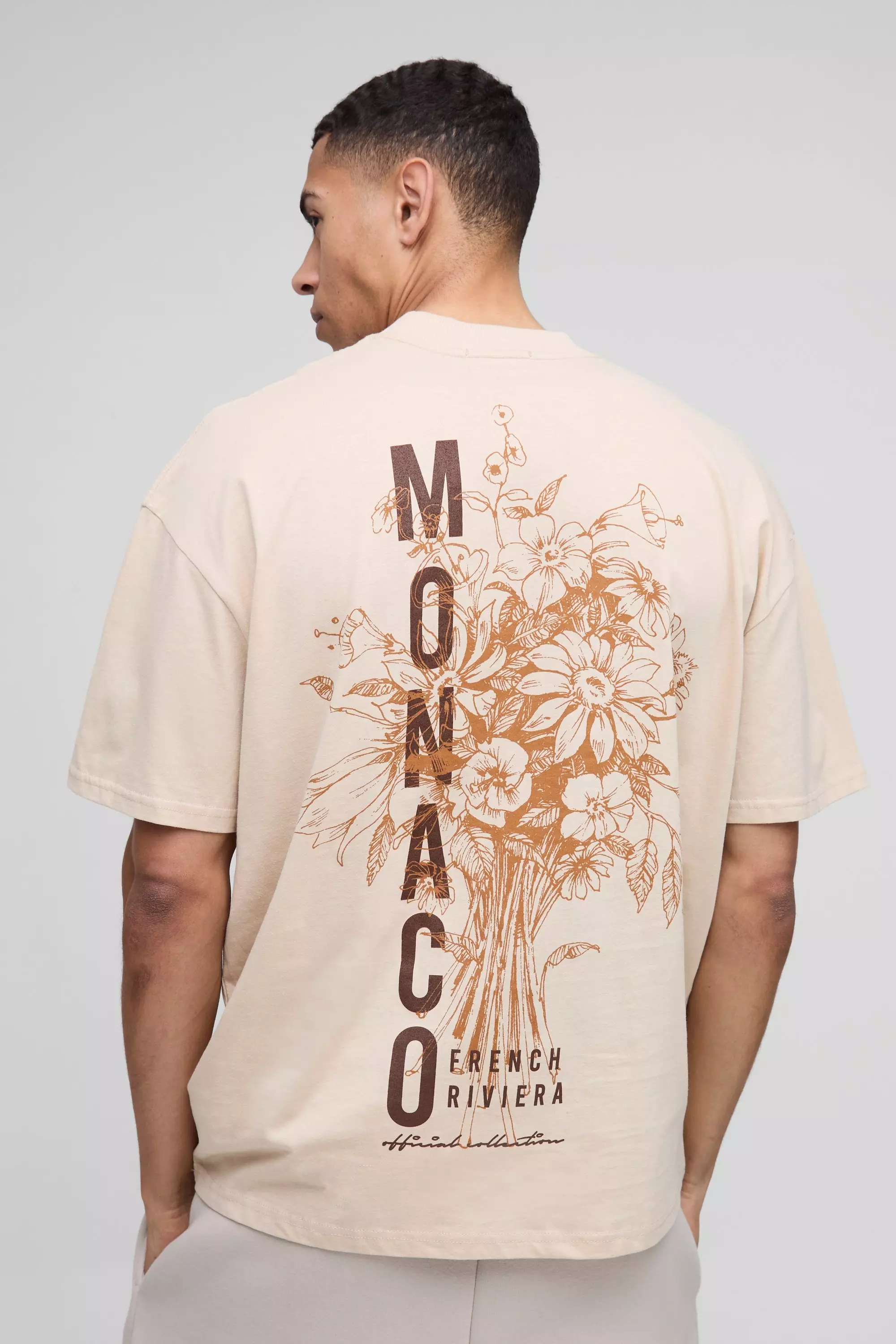 Oversized Extended Neck Monaco Floral Printed T-Shirt | boohooMAN USA