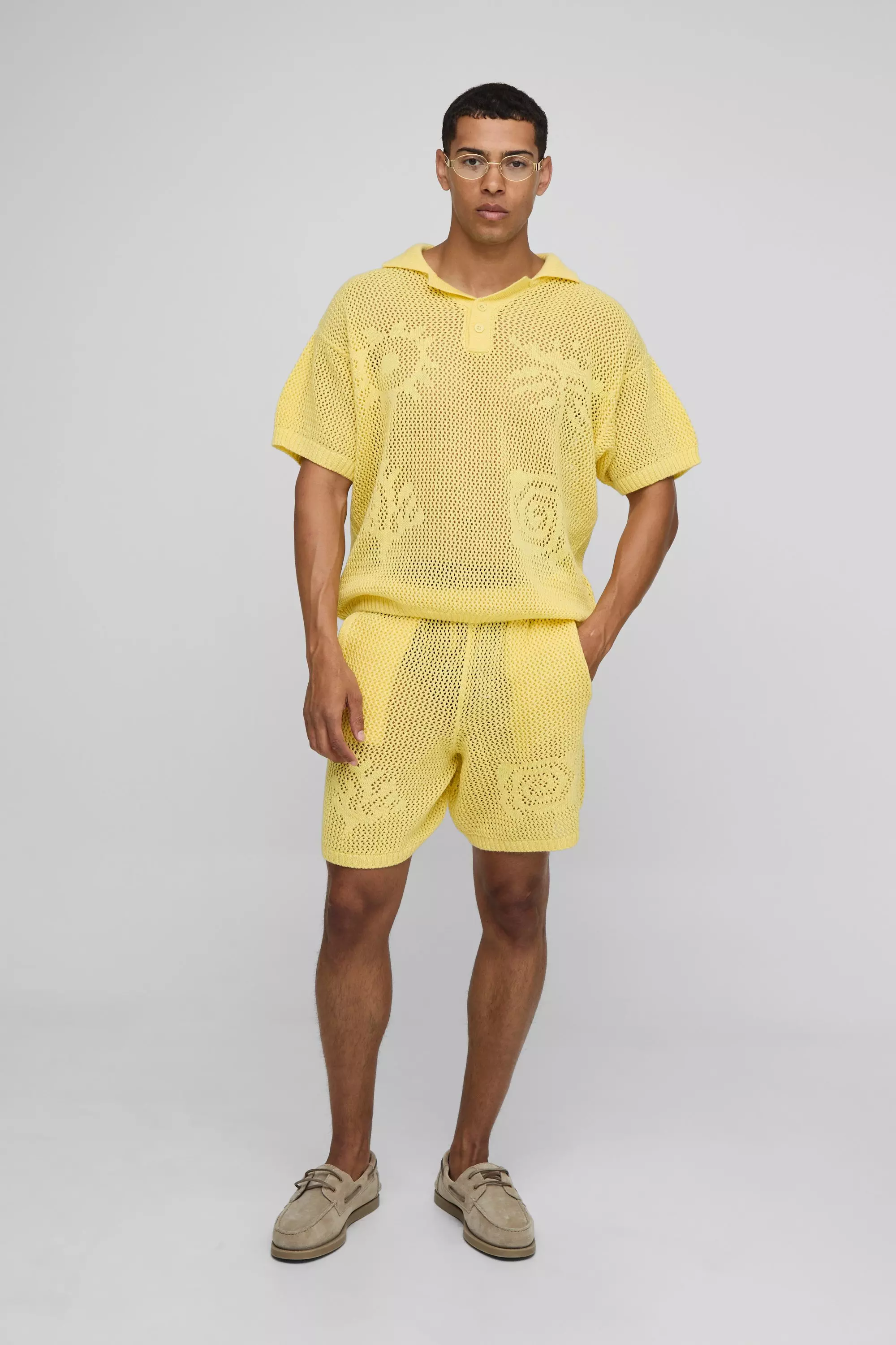 Oversized Intarsia Graphic Knitted Polo & Relaxed Short Set Yellow
