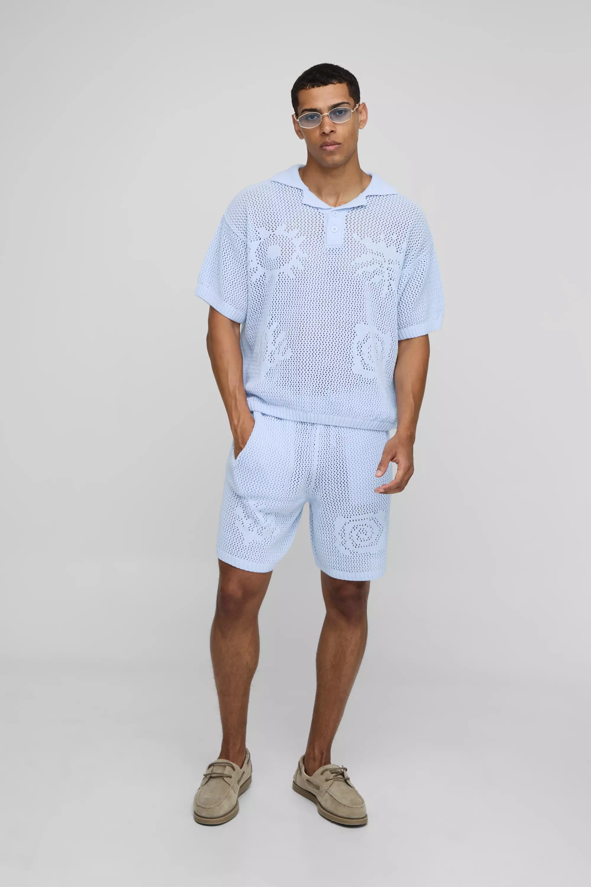 Oversized Intarsia Graphic Knitted Polo & Relaxed Short Set Blue