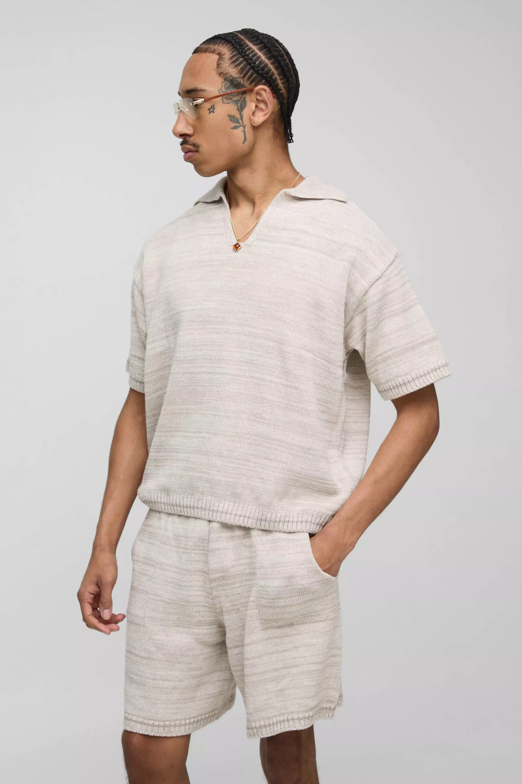 Oversized Boxy Knitted Marl Polo & Relaxed Short Set | boohooMAN USA