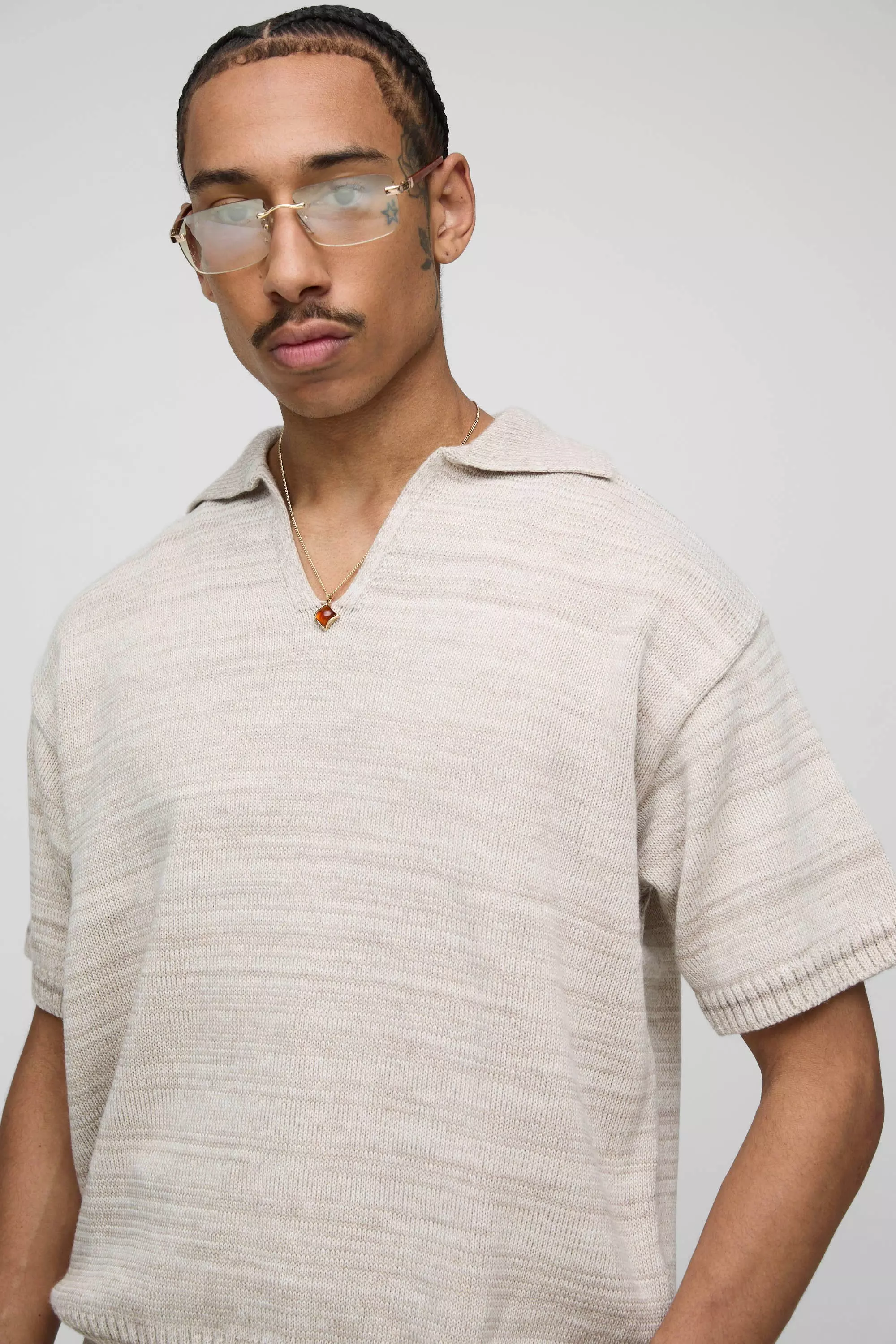 Oversized Boxy Knitted Marl Polo & Relaxed Short Set | boohooMAN USA