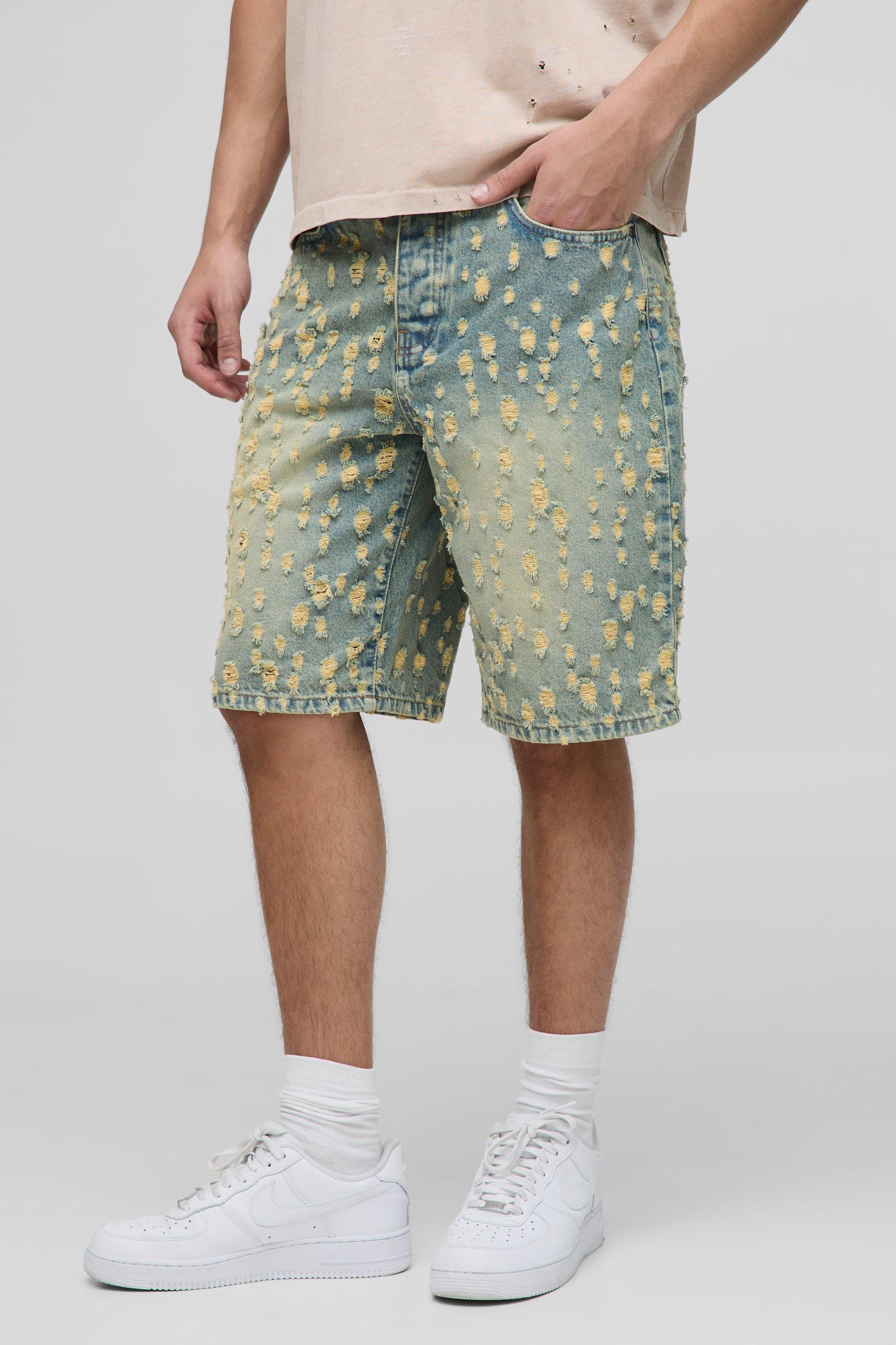 Relaxed Long Length Blue Tinted Ripped Jean Shorts | boohooMAN USA