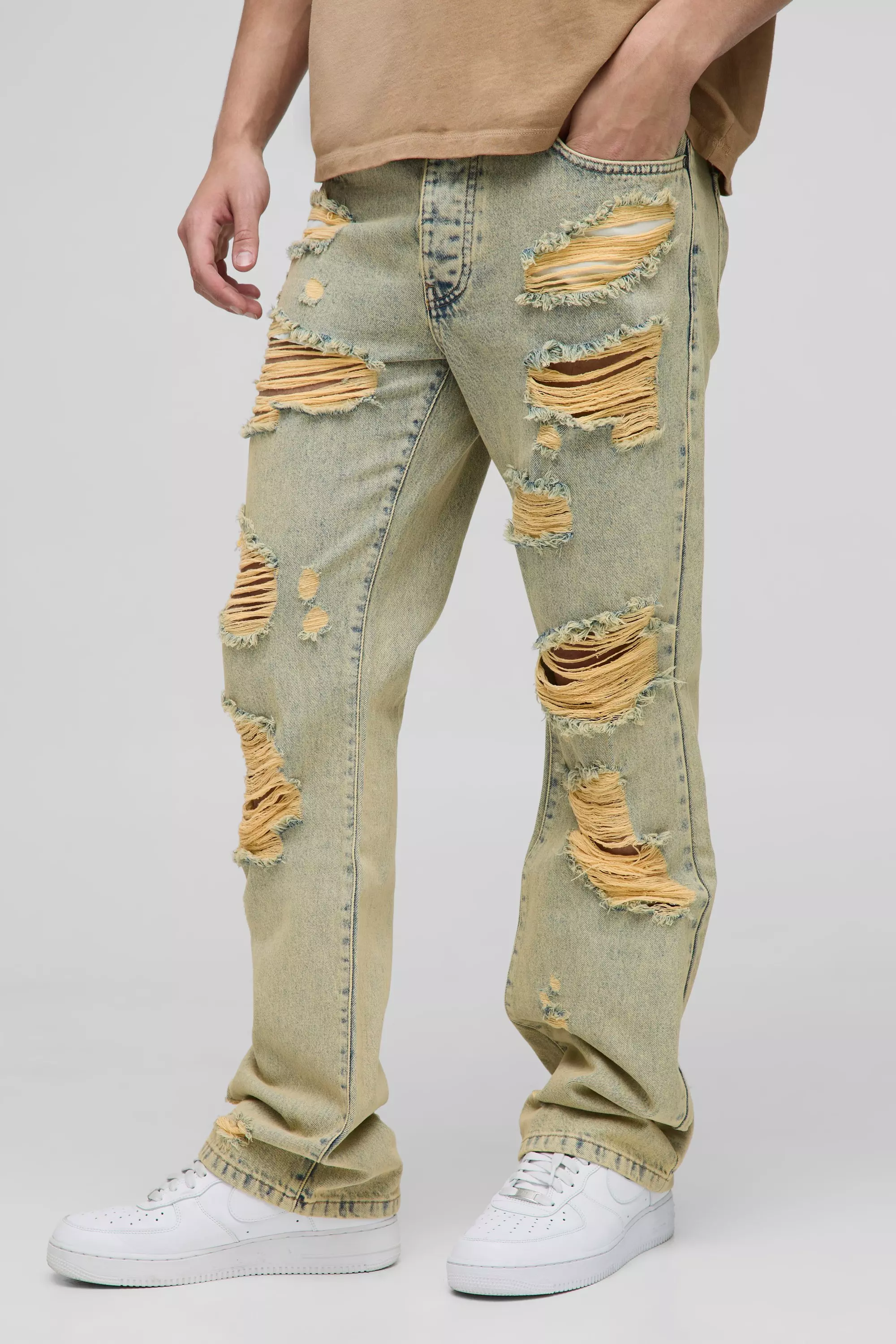 Slim Flared Knee Ripped Bleach Washed Jeans Vintage wash