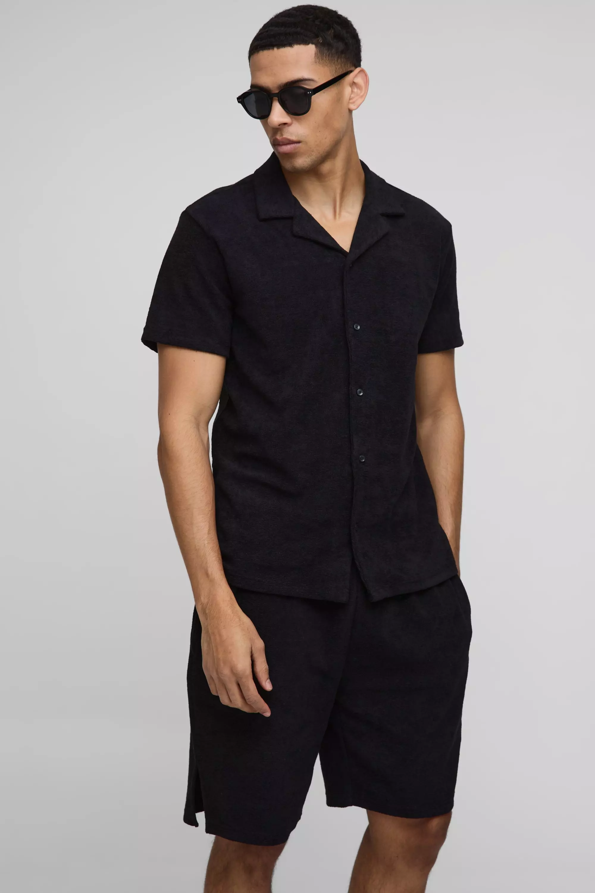 Black Regular Fit Towelling Shirt & Loose Short Set alternative image
