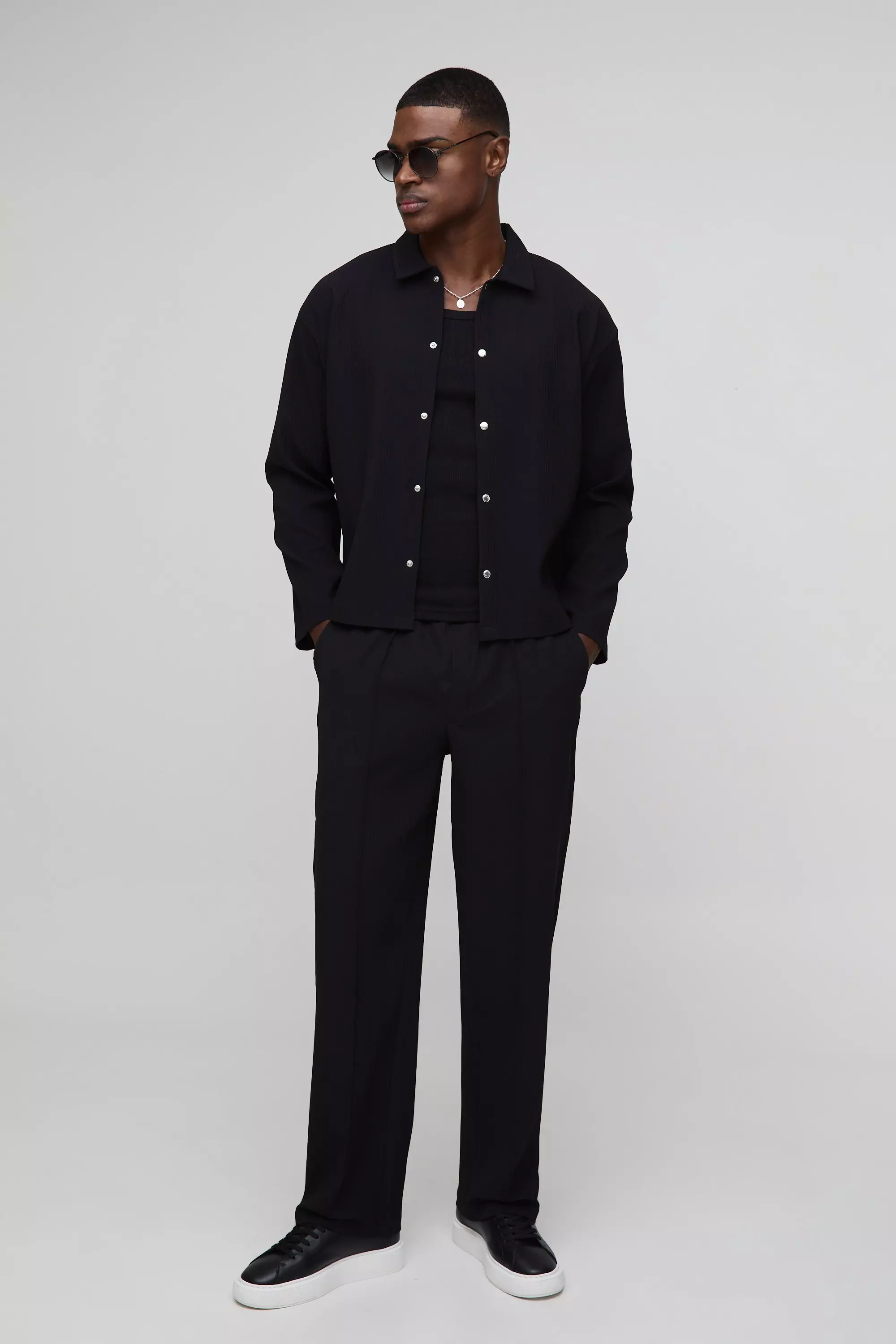 Black Oversized Pleated Shirt Jacket & Pants Set alternative image