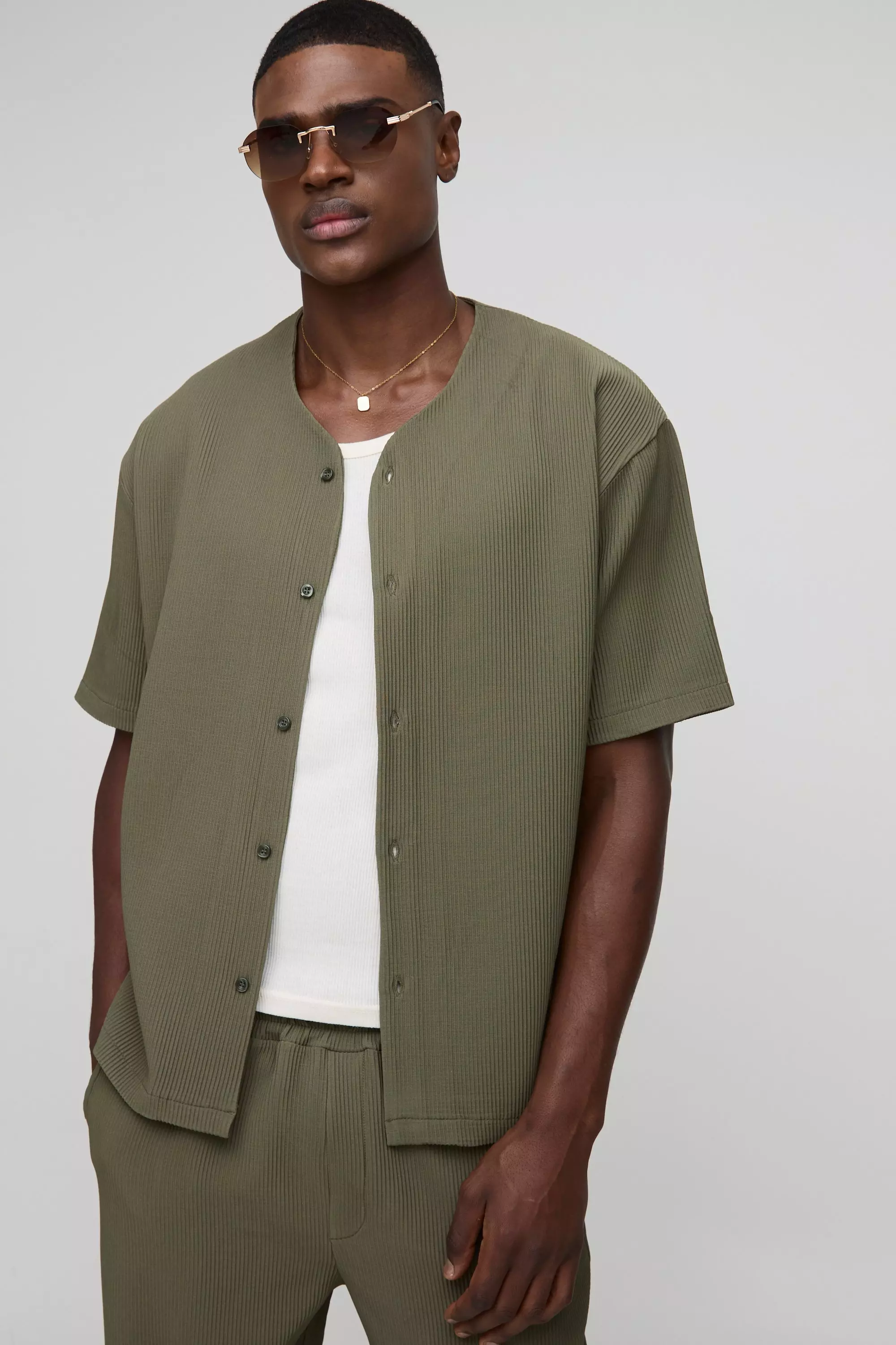 Chemise oversize plissée à manches courtes, Olive autre image