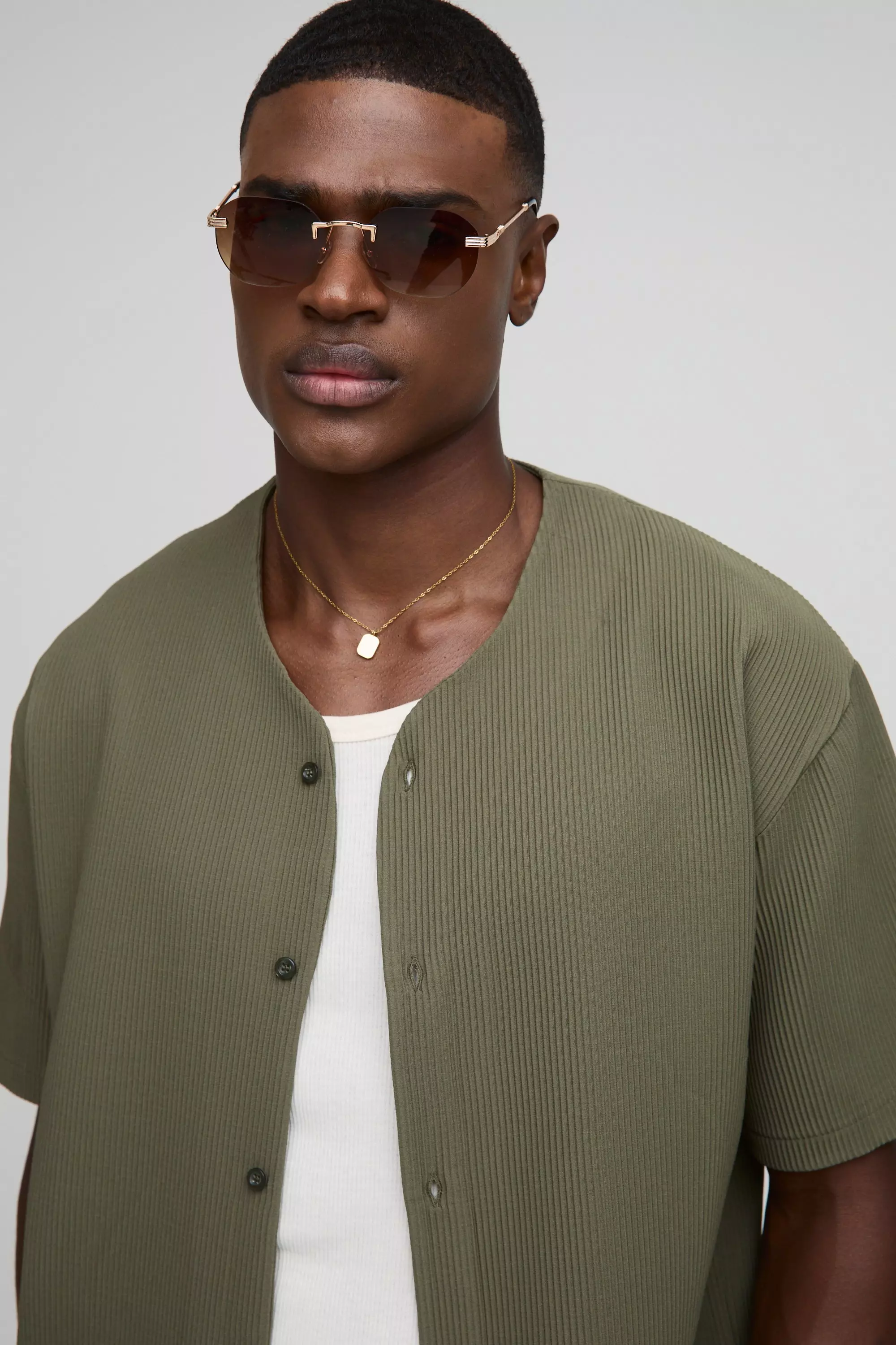 Chemise oversize plissée à manches courtes, Olive autre image